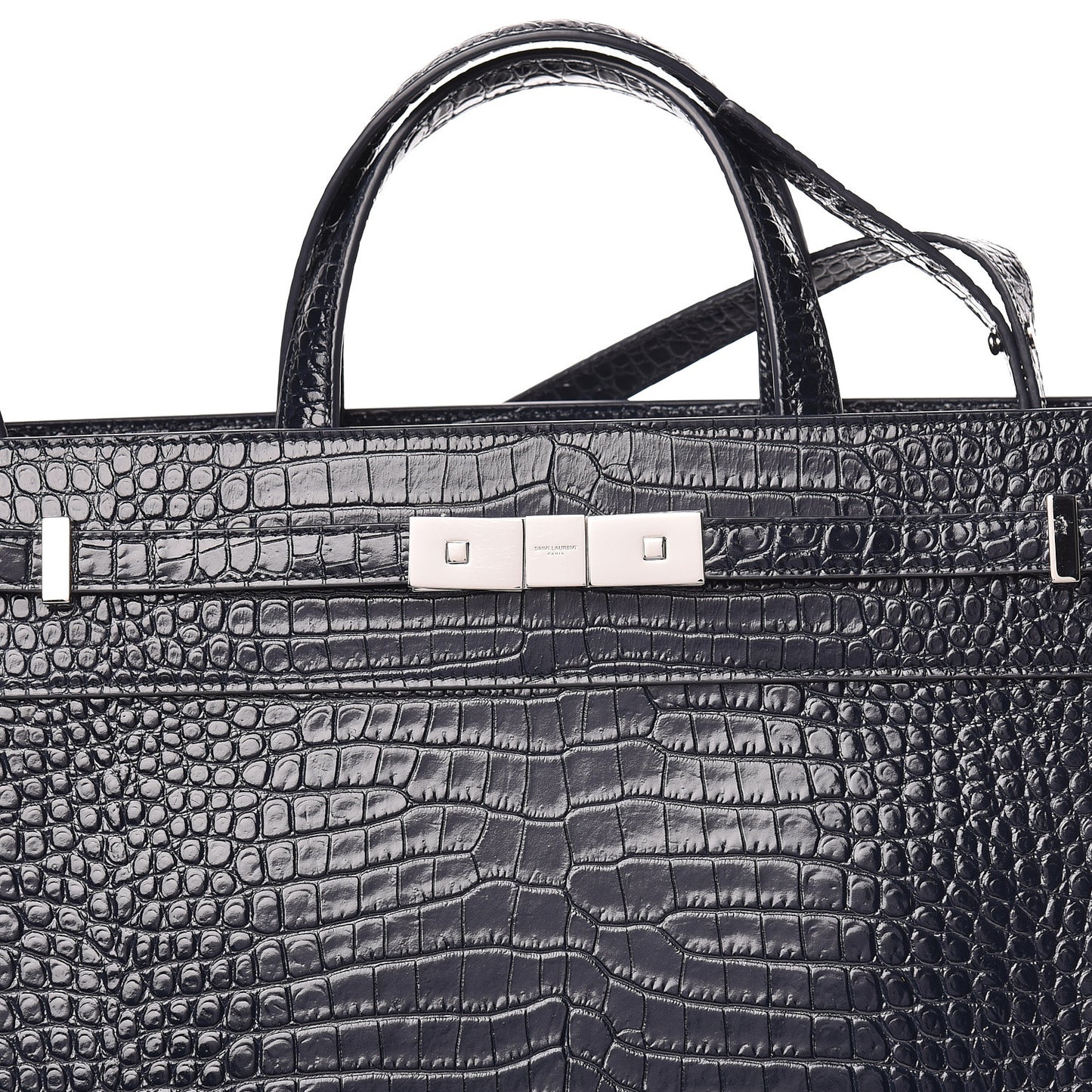 Shiny Calfskin Crocodile Embossed Small Manhattan Shopper Tote Deep Marine