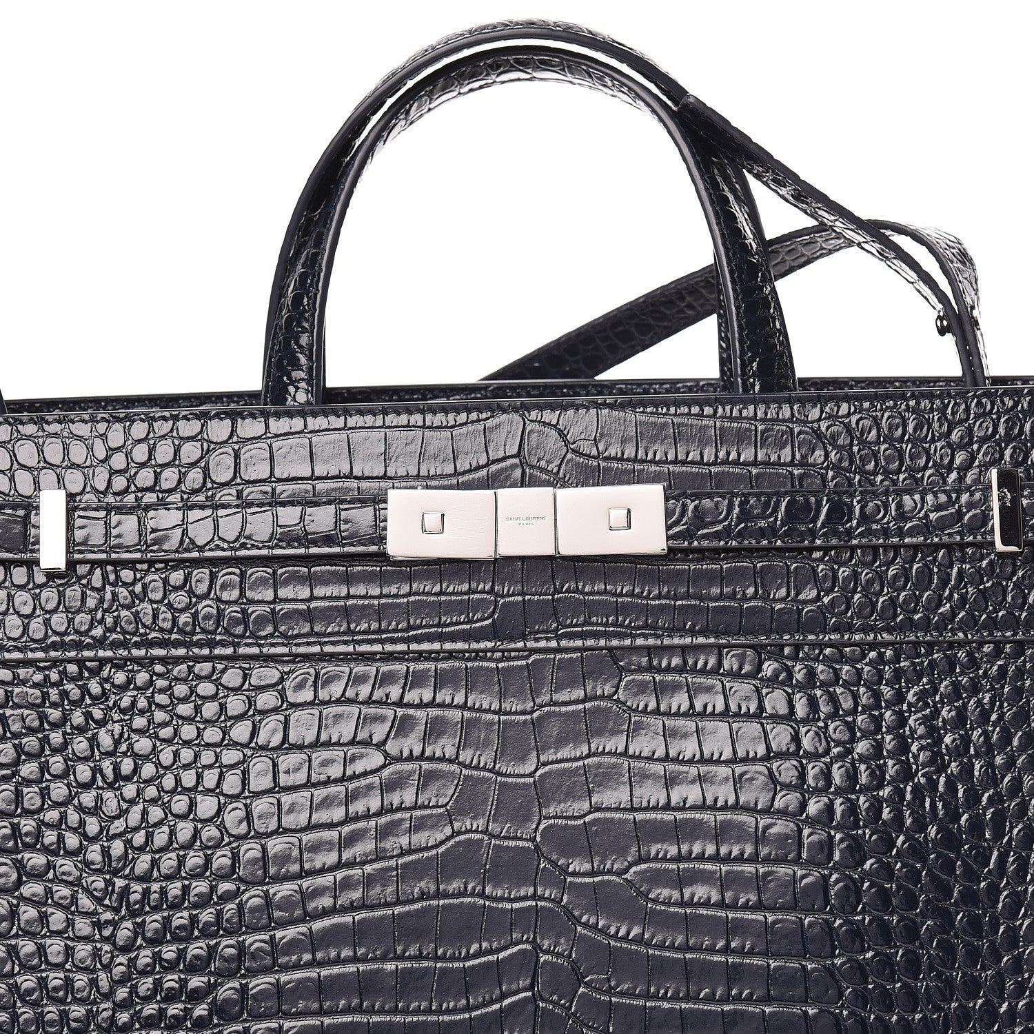 Saint Laurent Shiny Calfskin Crocodile Embossed Small Manhattan Shopper Tote Deep Marine 10 of 10