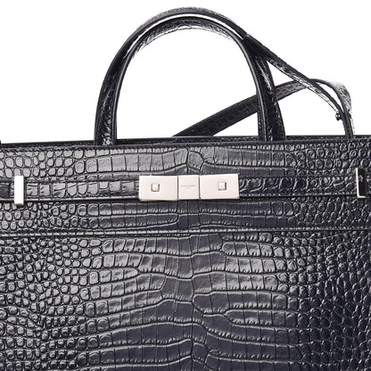 Saint Laurent Shiny Calfskin Crocodile Embossed Small Manhattan Shopper Tote Deep Marine 10 of 10