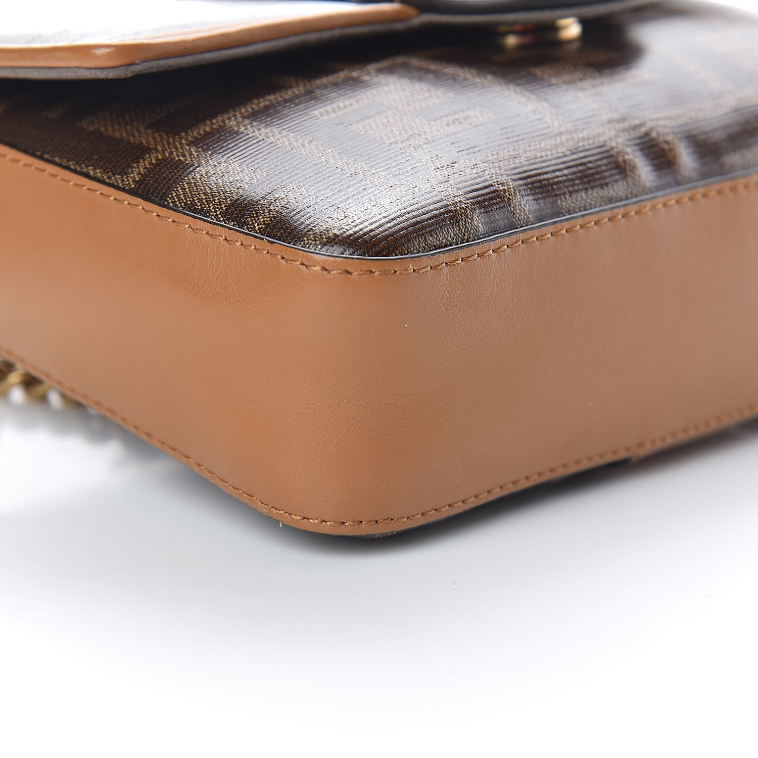 Fendi Glazed Fabric Vitello Century FF 1974 Stamp Patch Mini Double F Crossbody Bag Mogano Panna Caramello 8 of 10