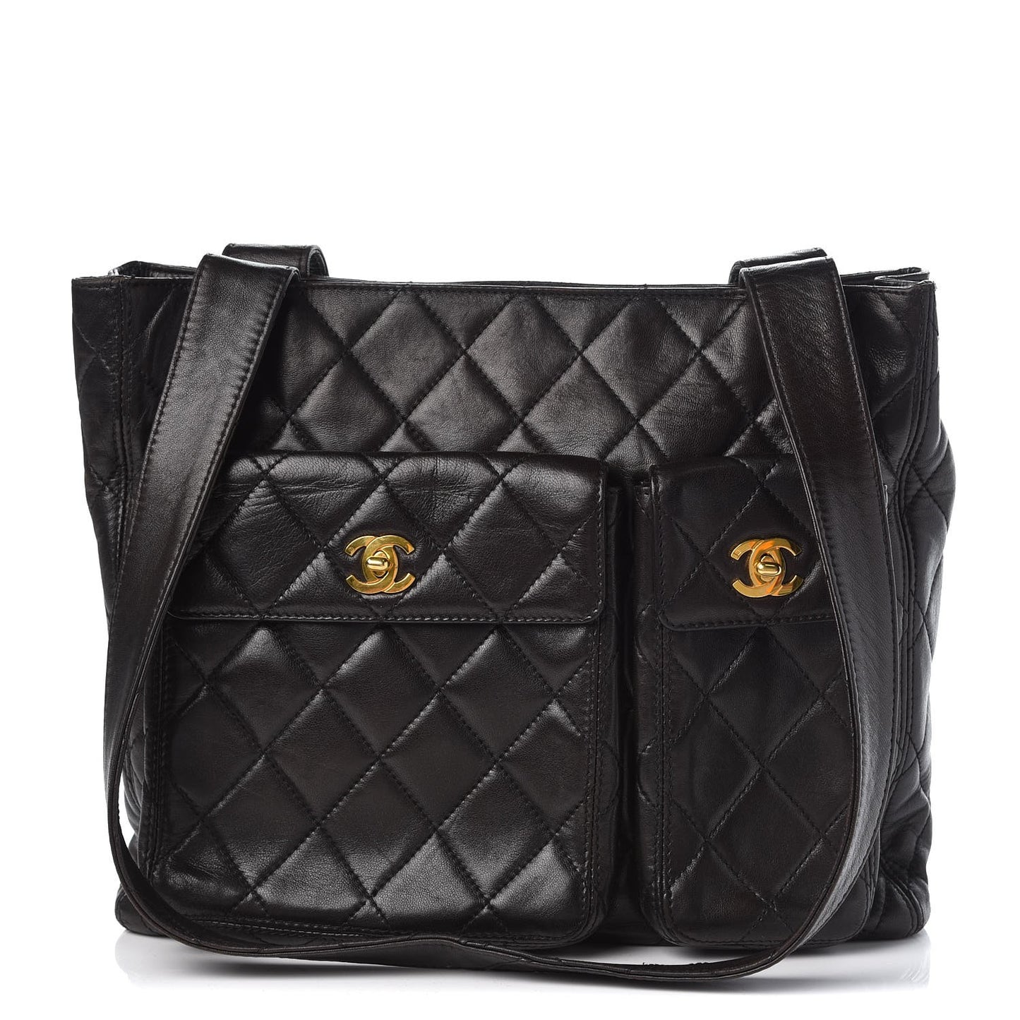 Lambskin Quilted Double Pocket Tote Black