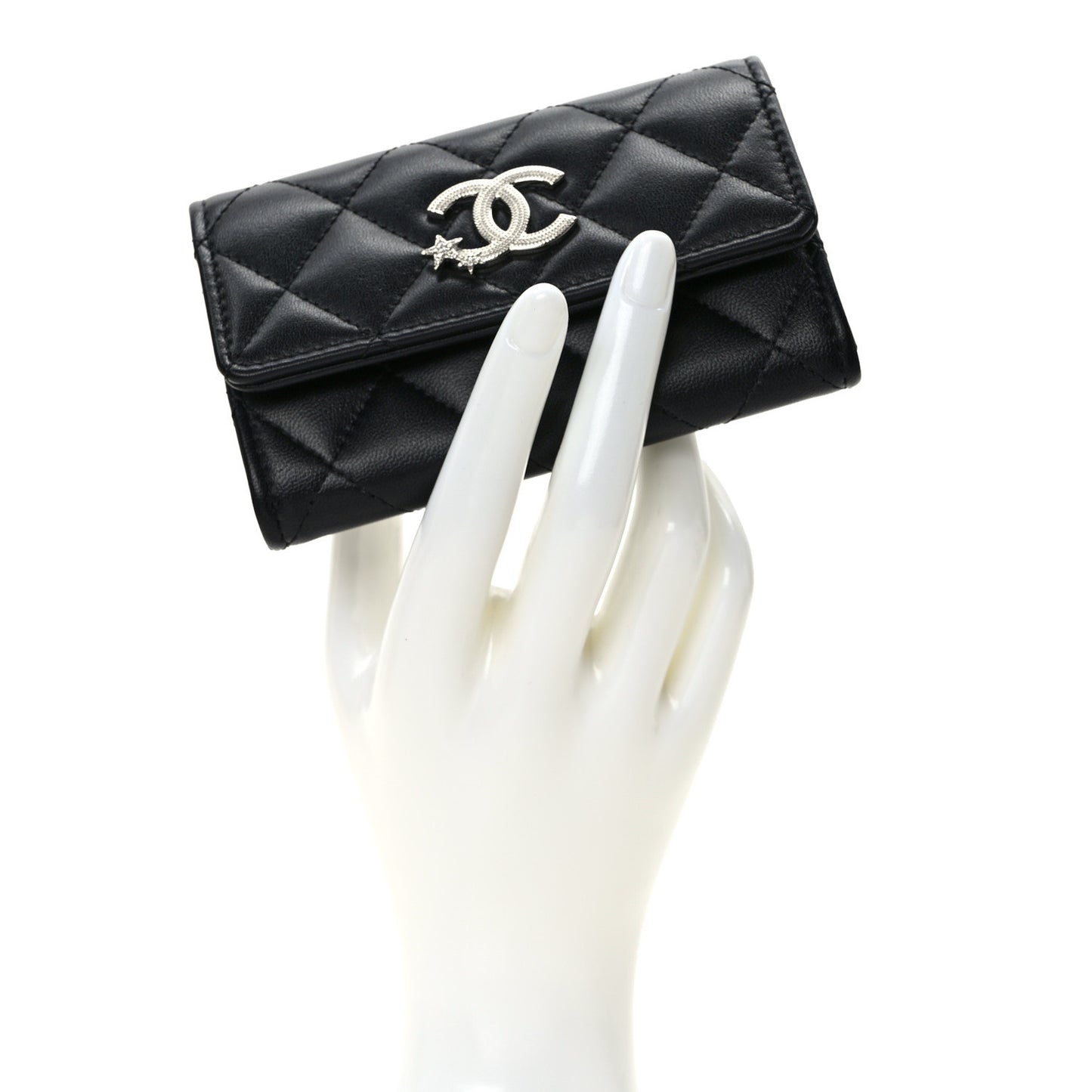 Lambskin Quilted Flap Crystal Star Card Holder Wallet Black