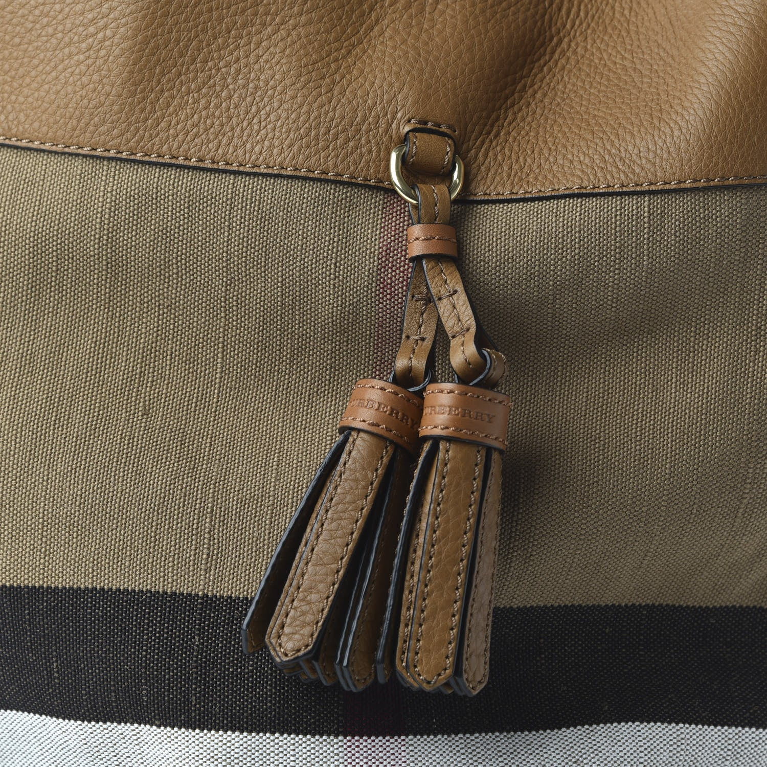 Burberry Grainy Calfskin Canvas Mega Check Medium Ashby Tassel Hobo Saddle Brown 10 of 10