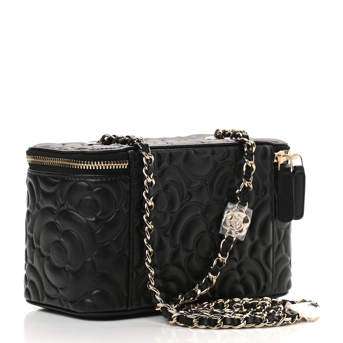 Lambskin Camellia Embossed Small Vanity Case With Chain Black