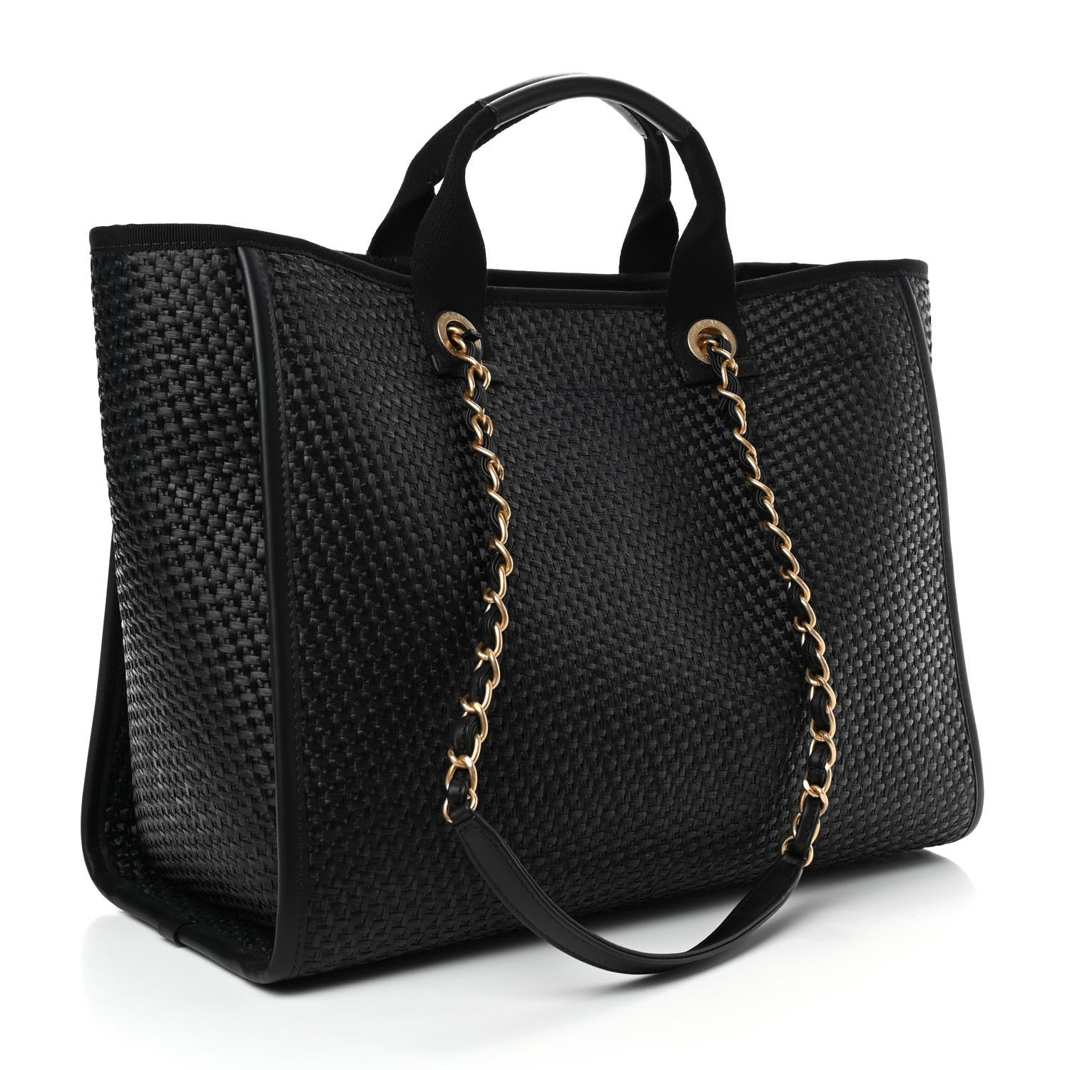 Chanel Straw Raffia Calfskin Chain Medium Deauville Tote Black 2 of 4