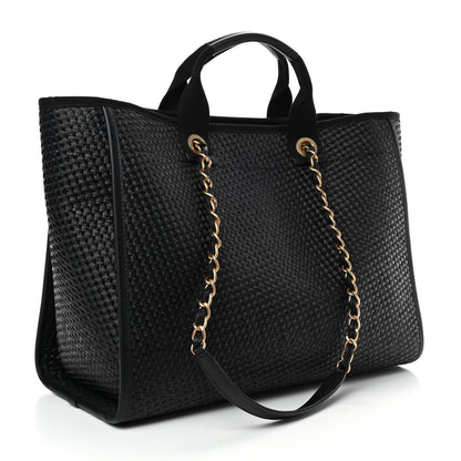Chanel Straw Raffia Calfskin Chain Medium Deauville Tote Black 2 of 4