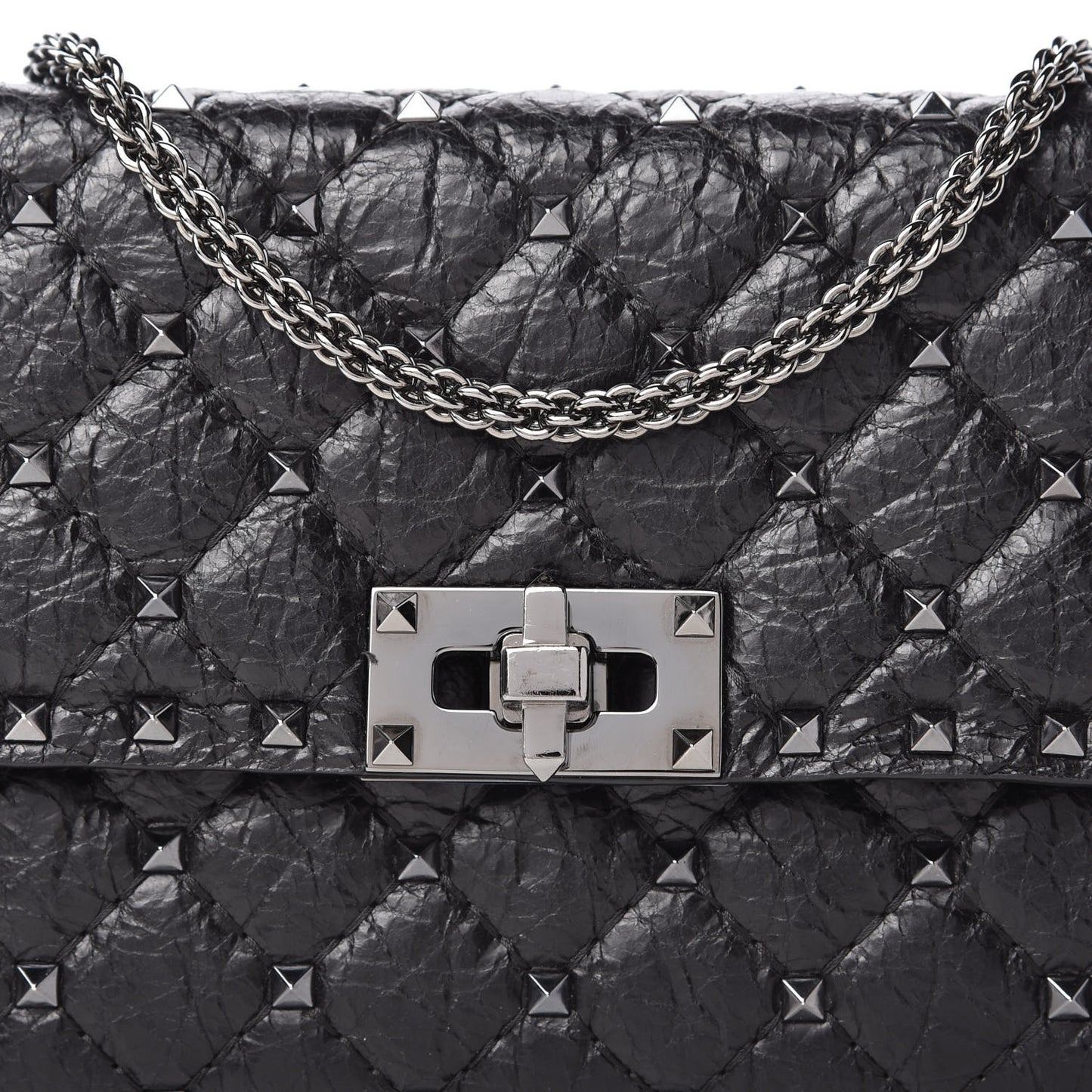 Craquele Nappa Rockstud Spike Wallet on Chain Black
