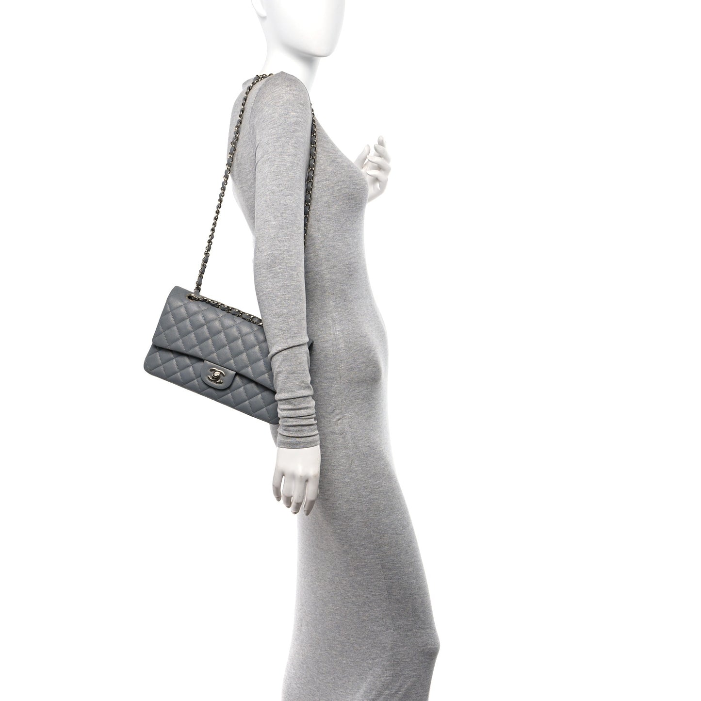Caviar Quilted Medium Double Flap Grey