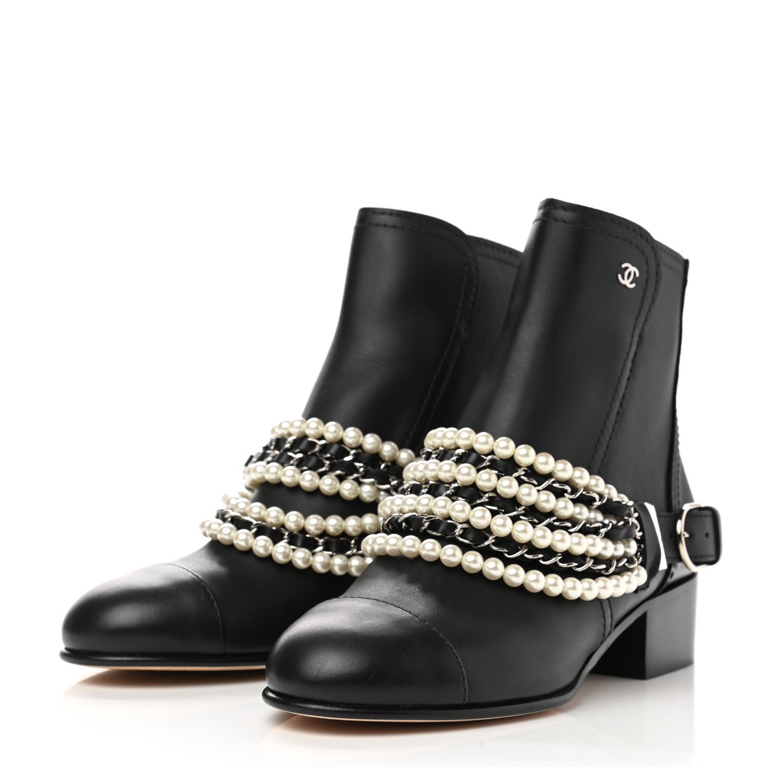 Chanel Calfskin Pearl Cap Toe Short Boots 36.5 Black 3 of 9