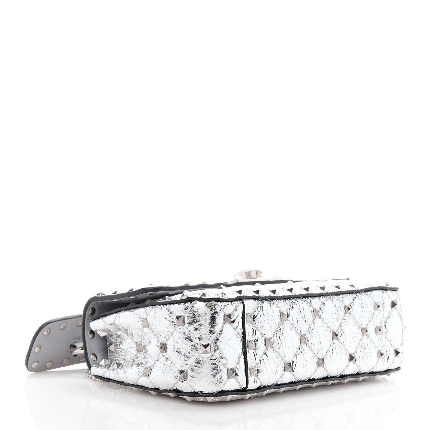 VALENTINO GARAVANI Metallic Wrinkled Lambskin Small Rockstud Spike Shoulder Bag Silver