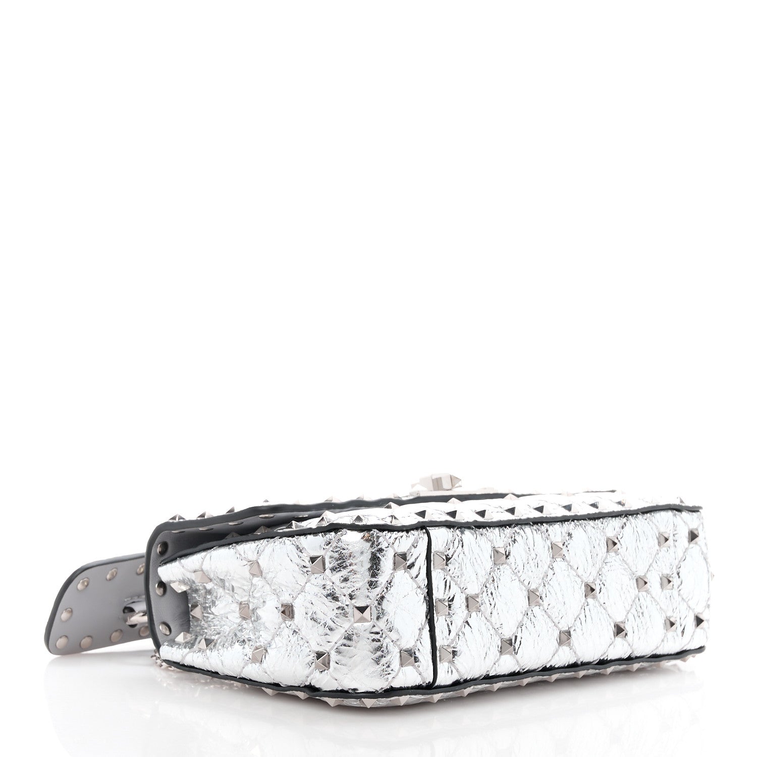 Valentino Garavani VALENTINO GARAVANI Metallic Wrinkled Lambskin Small Rockstud Spike Shoulder Bag Silver 4 of 10