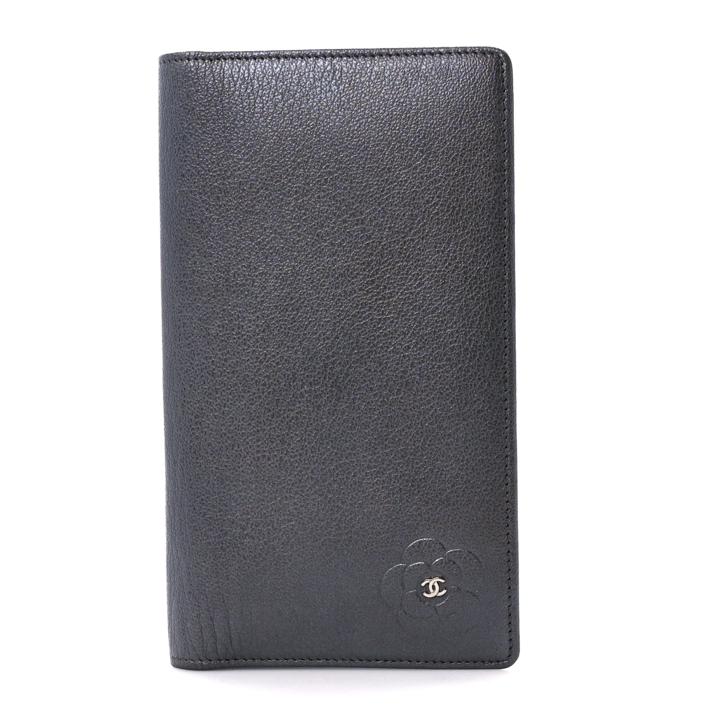Metallic Goatskin Camellia Yen Wallet Navy