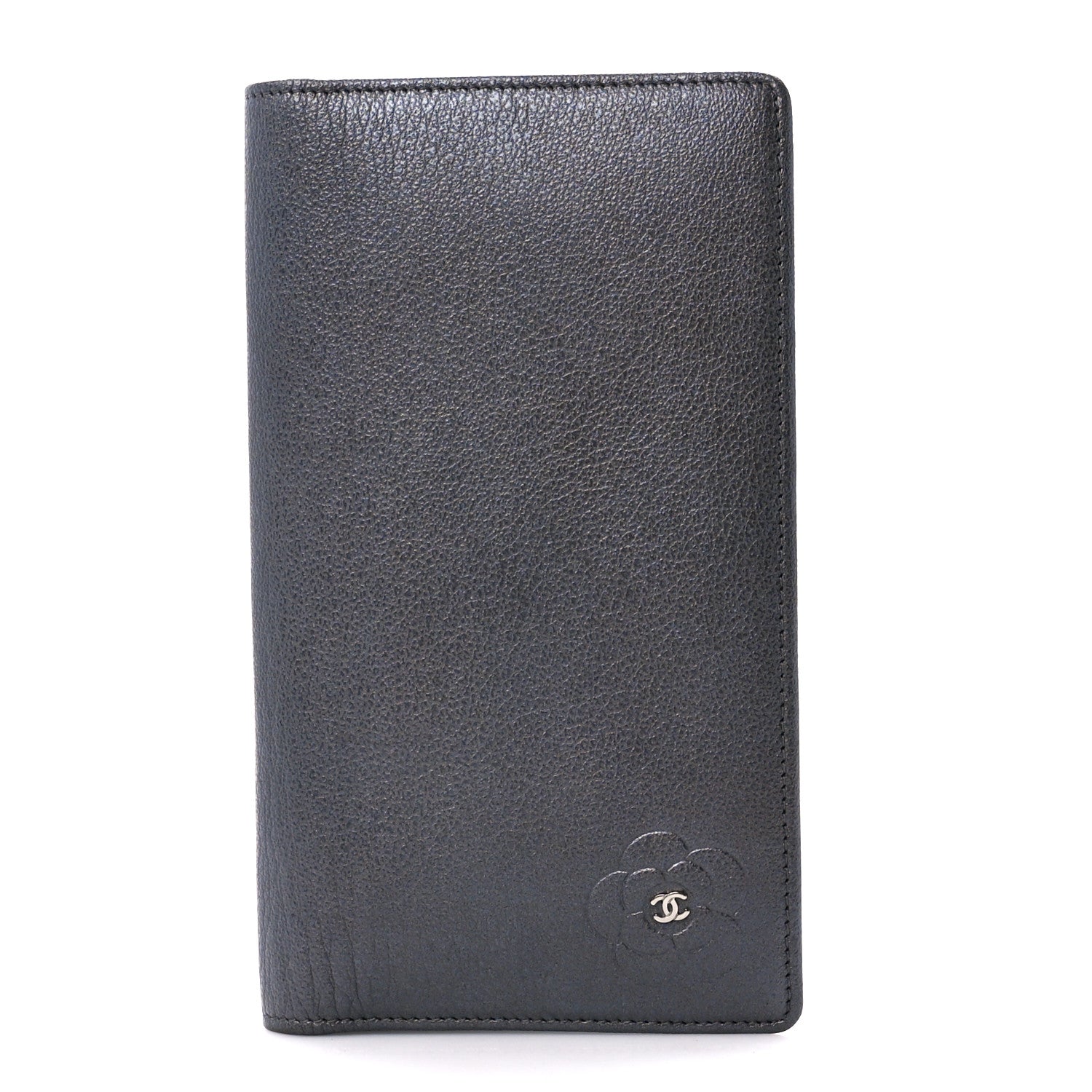 Chanel Metallic Goatskin Camellia Yen Wallet Navy 1 of 12