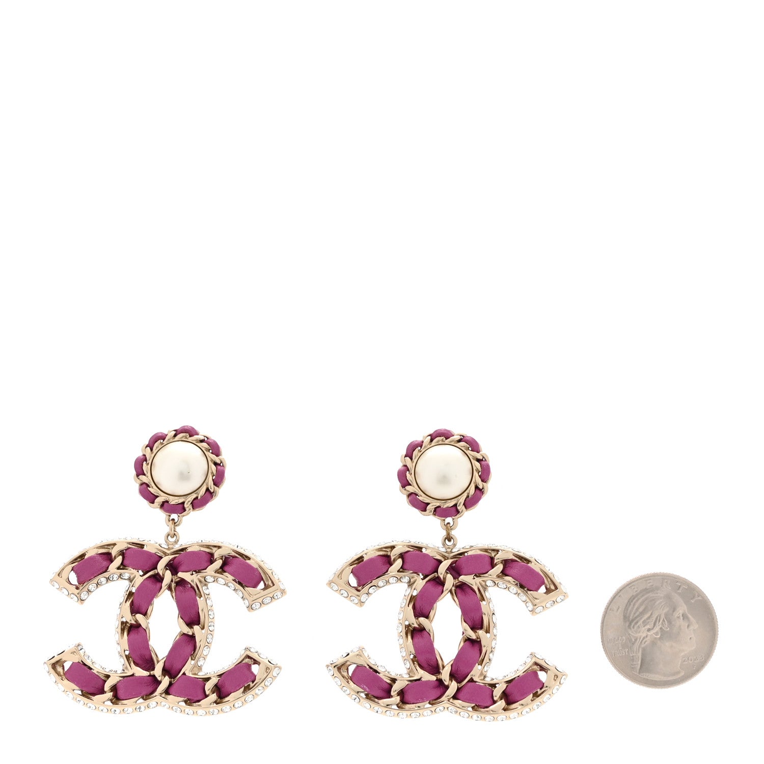 Chanel Pearl Lambskin Crystal Chain CC Drop Earrings Pink 2 of 6