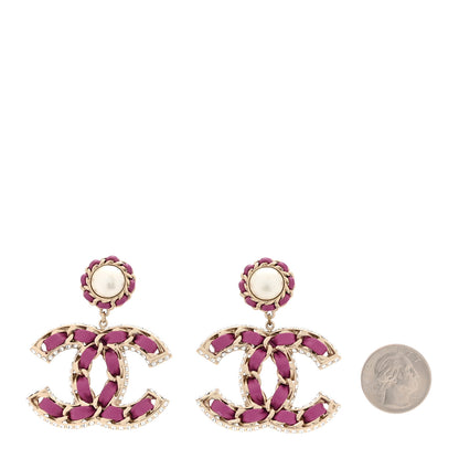 Chanel Pearl Lambskin Crystal Chain CC Drop Earrings Pink 2 of 6