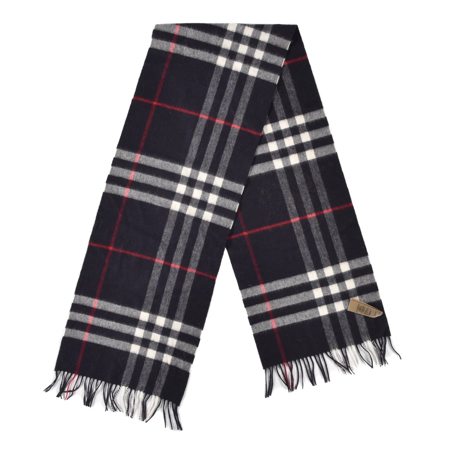Cashmere Giant Check Fringe Scarf Navy