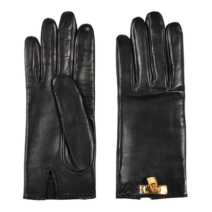Hermes Lambskin Soya Kelly Lock Gloves 7 Black 2 of 4
