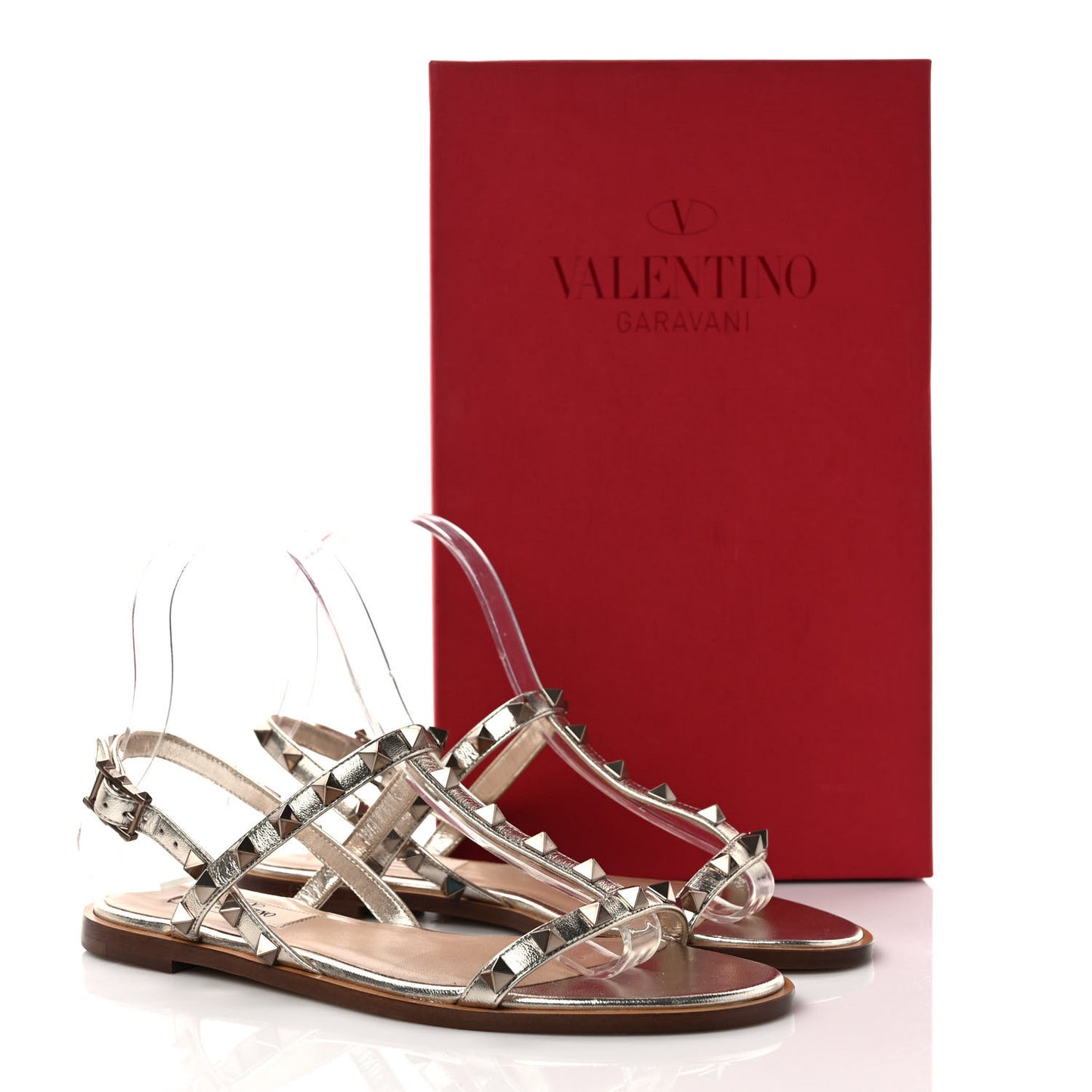 Metallic Nappa Rockstud T-Strap Slingback Flat Sandals 36 Skin