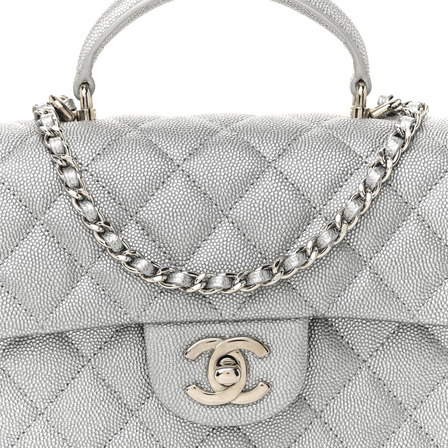 Metallic Caviar Quilted Mini Top Handle Rectangular Flap Silver