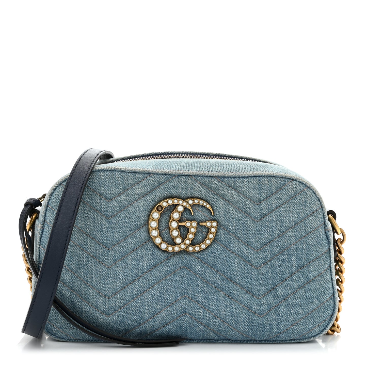 Denim Matelasse Small Pearly GG Marmont Chain Shoulder Bag Blue