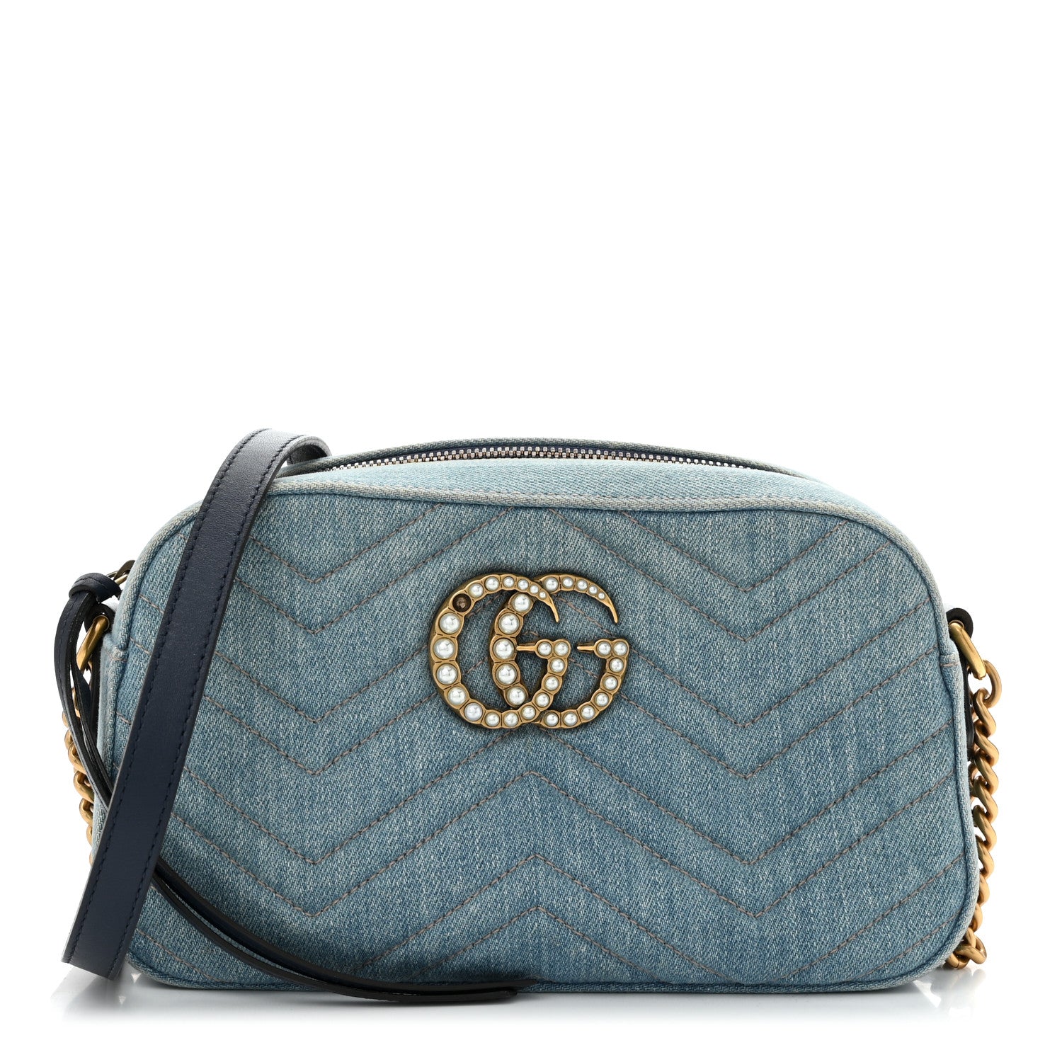 Gucci Denim Matelasse Small Pearly GG Marmont Chain Shoulder Bag Blue 1 of 11