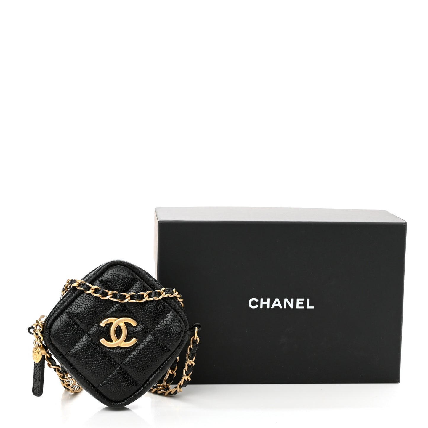 Caviar Quilted Diamond Coin Purse With Chain Black