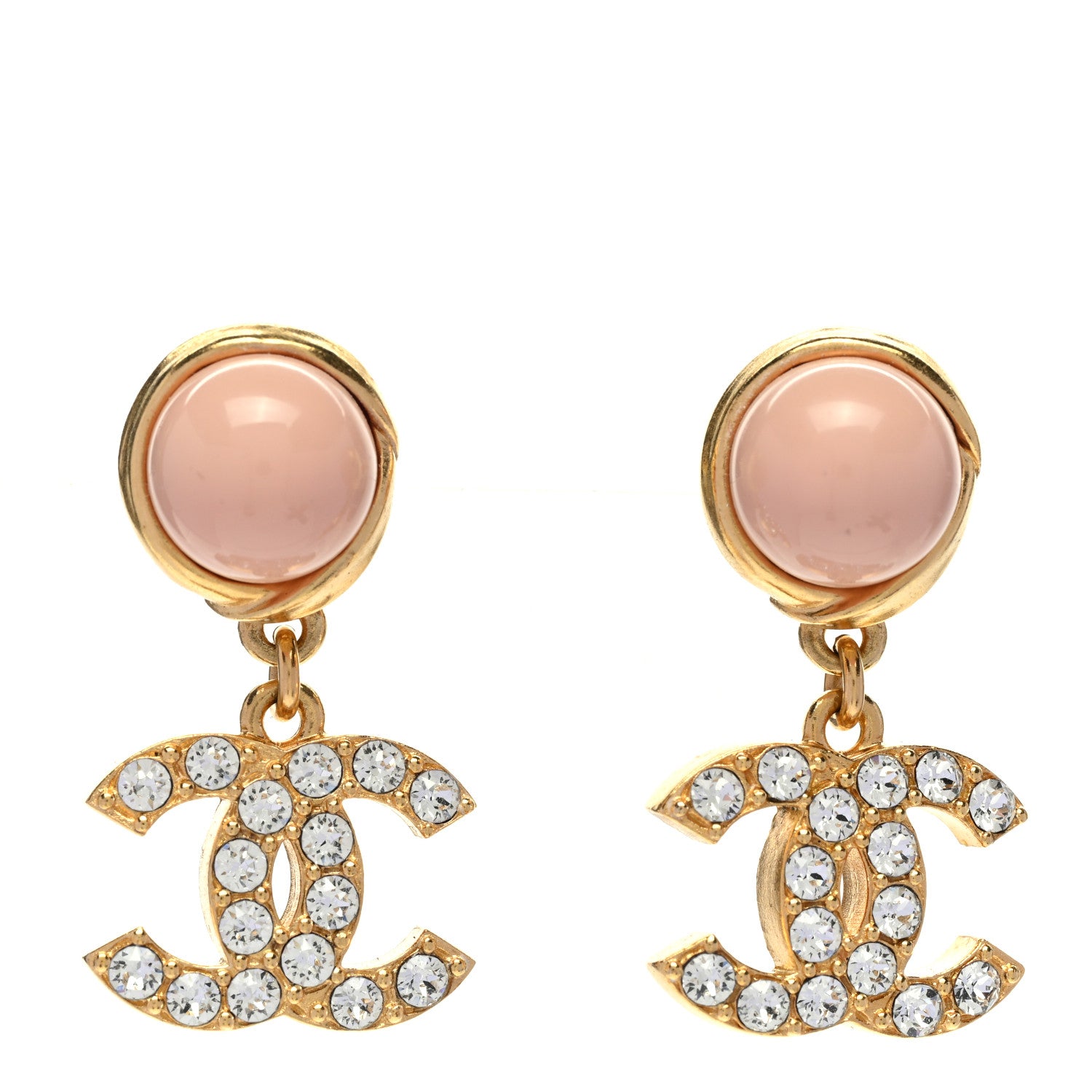 Chanel Crystal Pearl CC Drop Earrings Pink Gold 1 of 5
