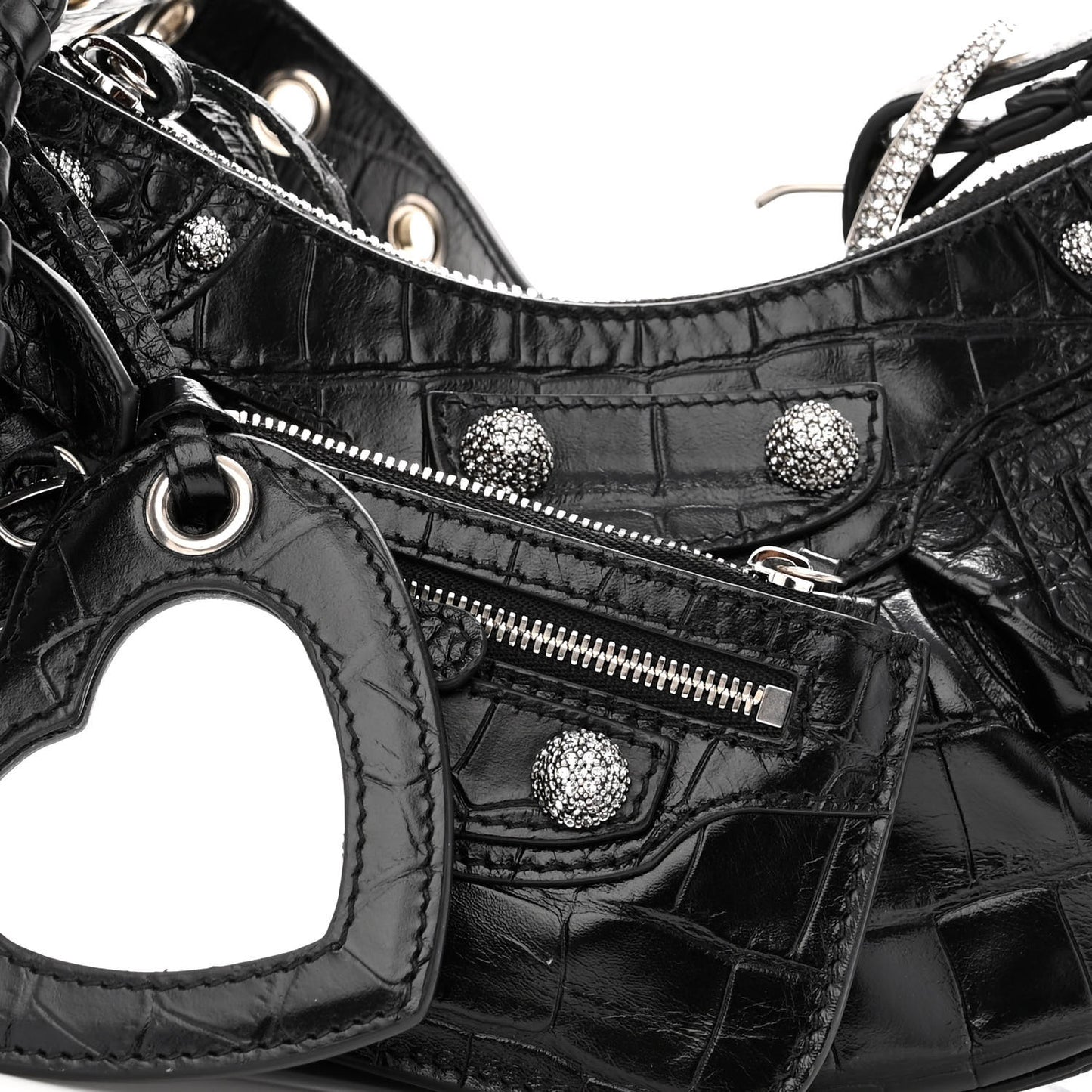 Extra Supple Calfskin Crystal Crocodile Embossed Le Cagole Shoulder Bag XS Black