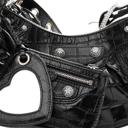 Balenciaga Extra Supple Calfskin Crystal Crocodile Embossed Le Cagole Shoulder Bag XS Black 6 of 8