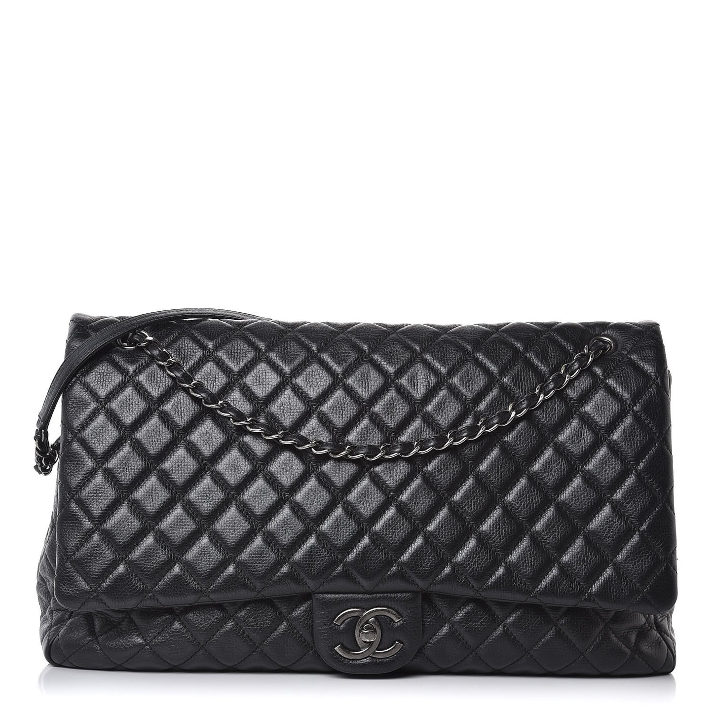 Calfskin Quilted XXL Travel Flap Bag Black