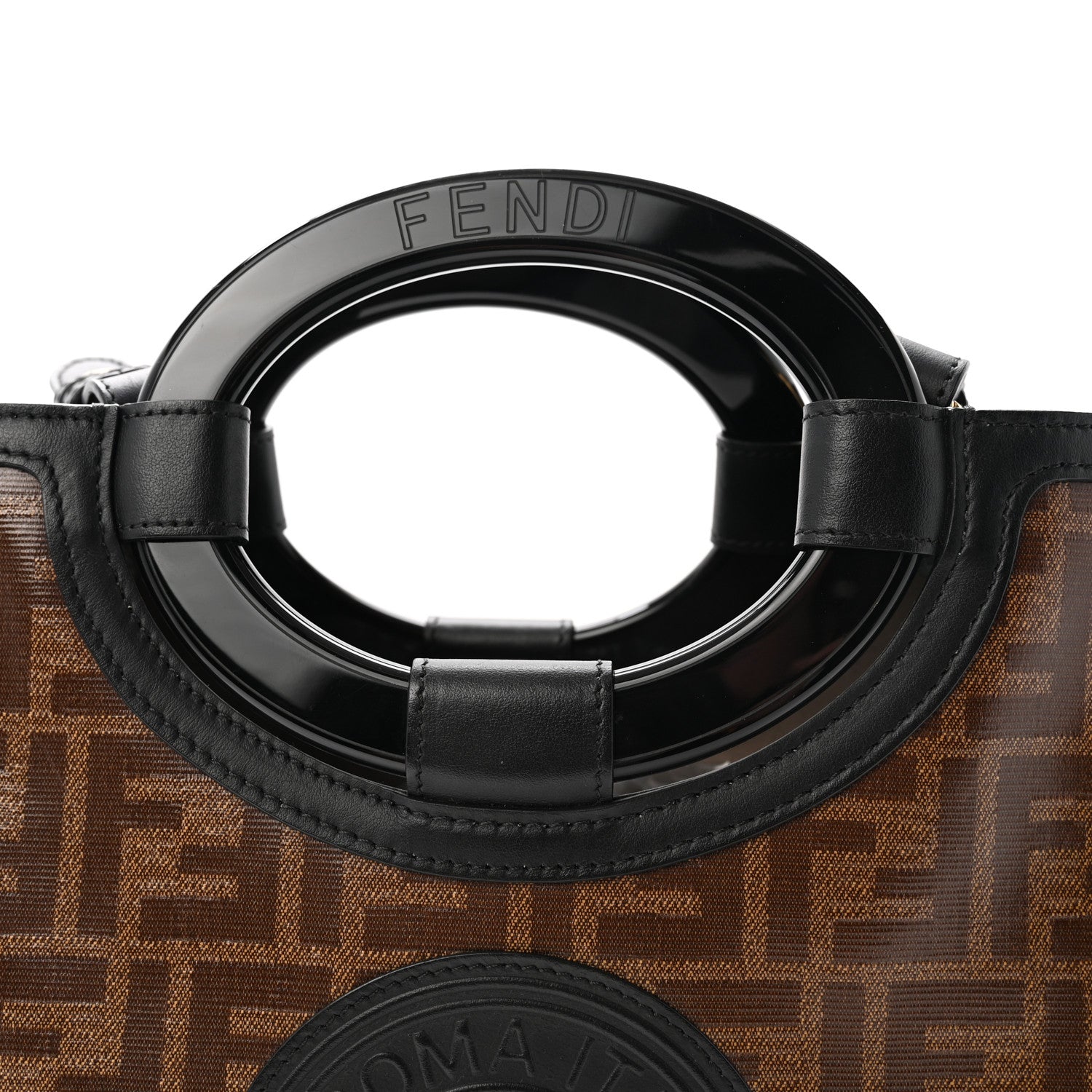 Fendi Glazed Fabric Vitello Century Plexiglass FF 1974 Stamp Patch Small Runaway Shopper Tote Mogano Panna Black 8 of 10