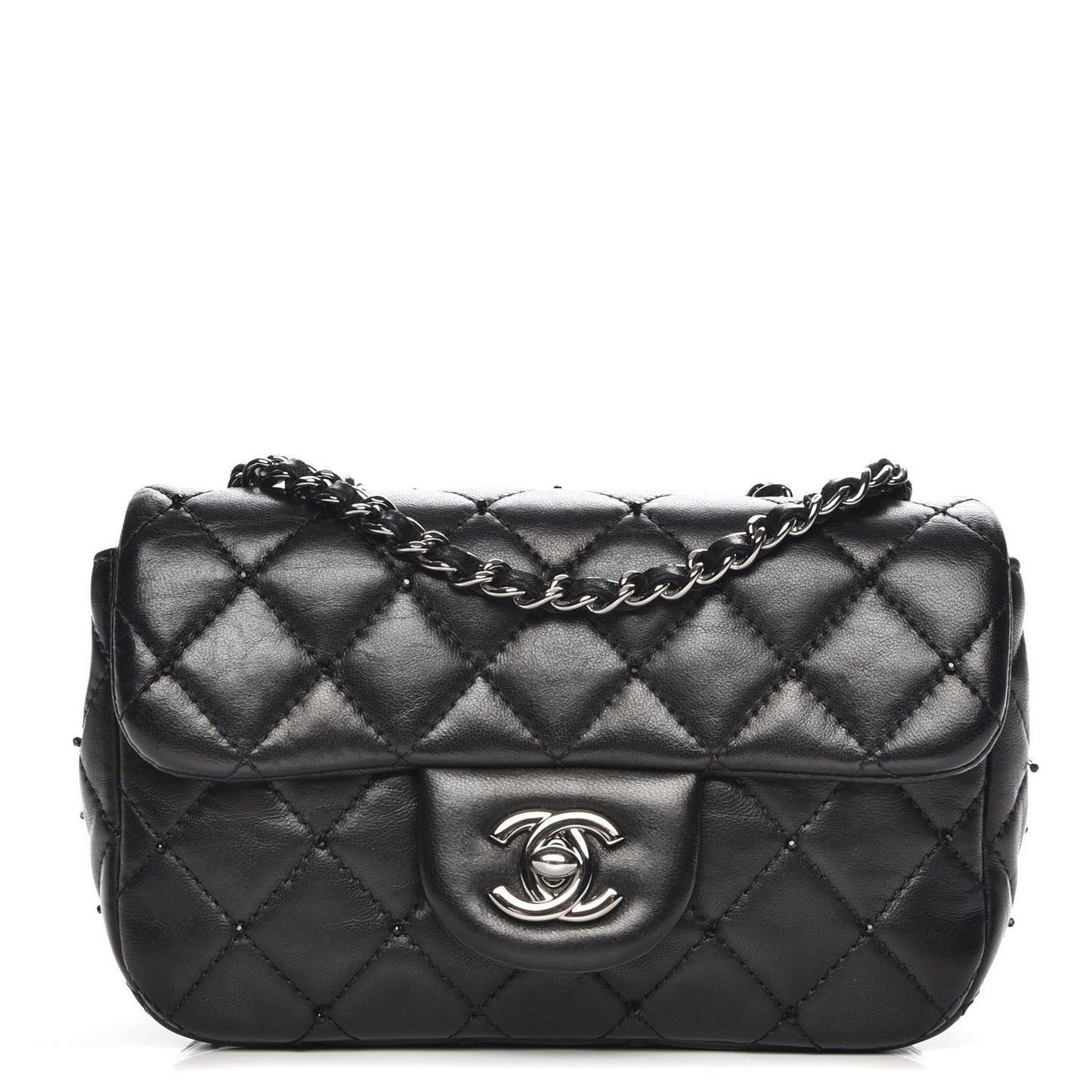 Lambskin Quilted Beaded Extra Mini Flap Black