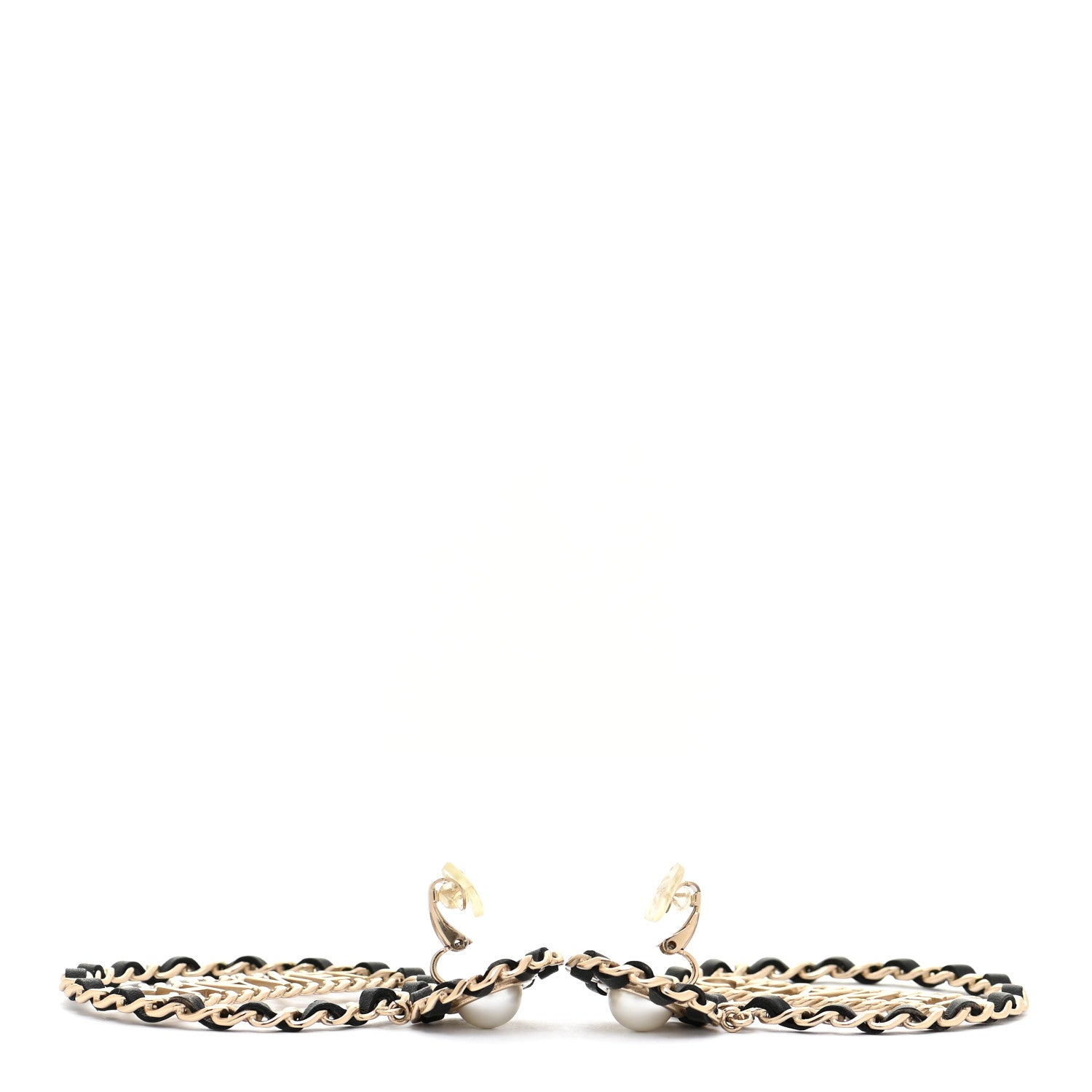Chanel Pearl Lambskin Chain Logo Hoop Clip On Earrings Black Gold 3 of 4