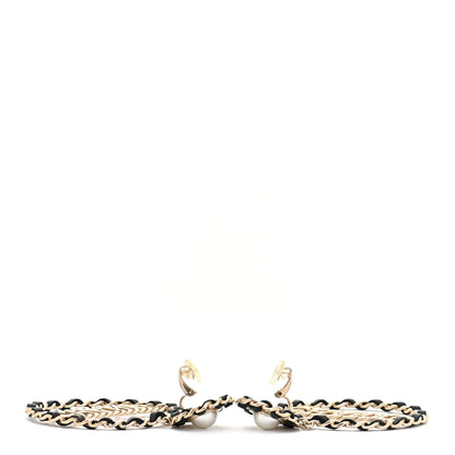 Chanel Pearl Lambskin Chain Logo Hoop Clip On Earrings Black Gold 3 of 4