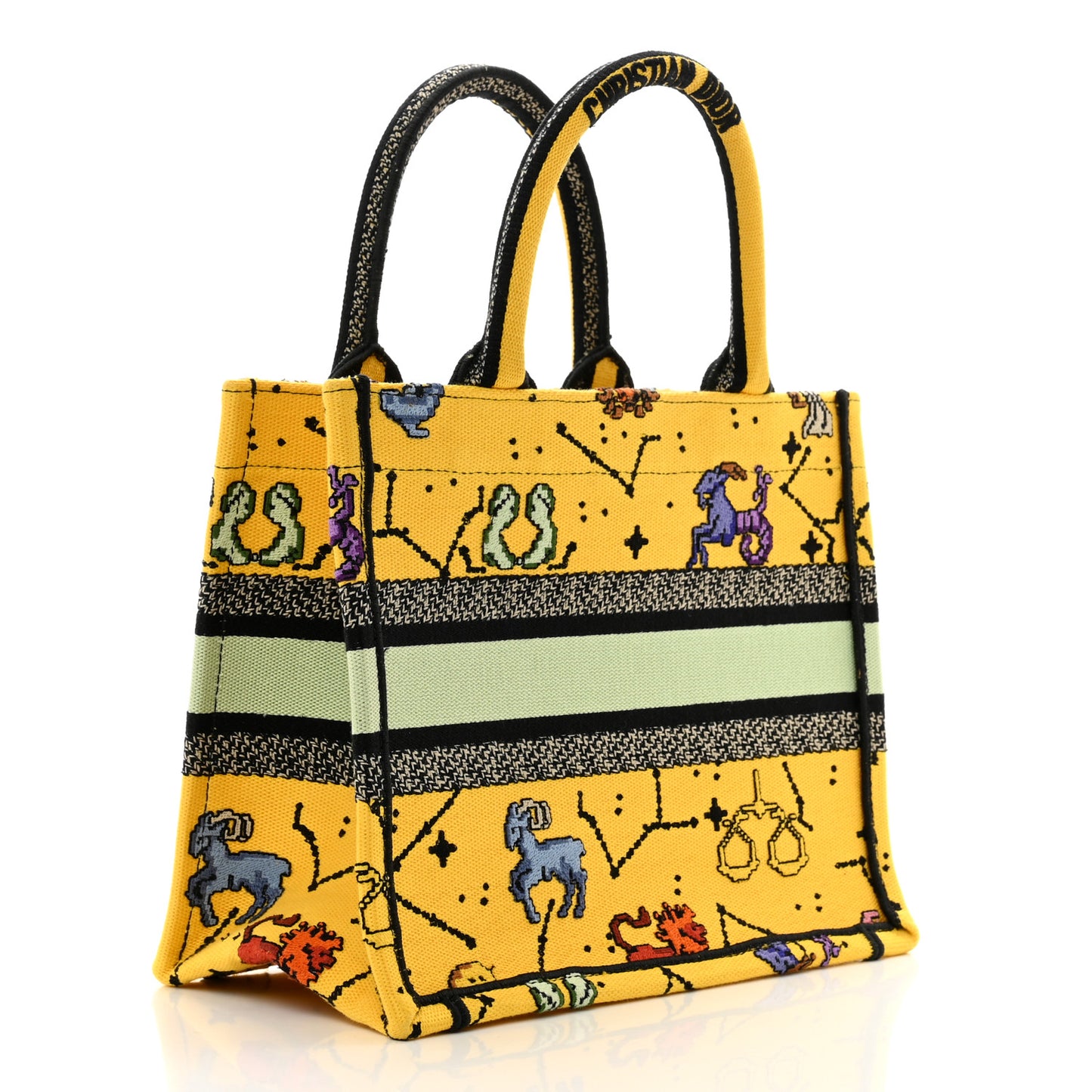 Canvas Embroidered Small Pixel Zodiac Book Tote Yellow Multicolor