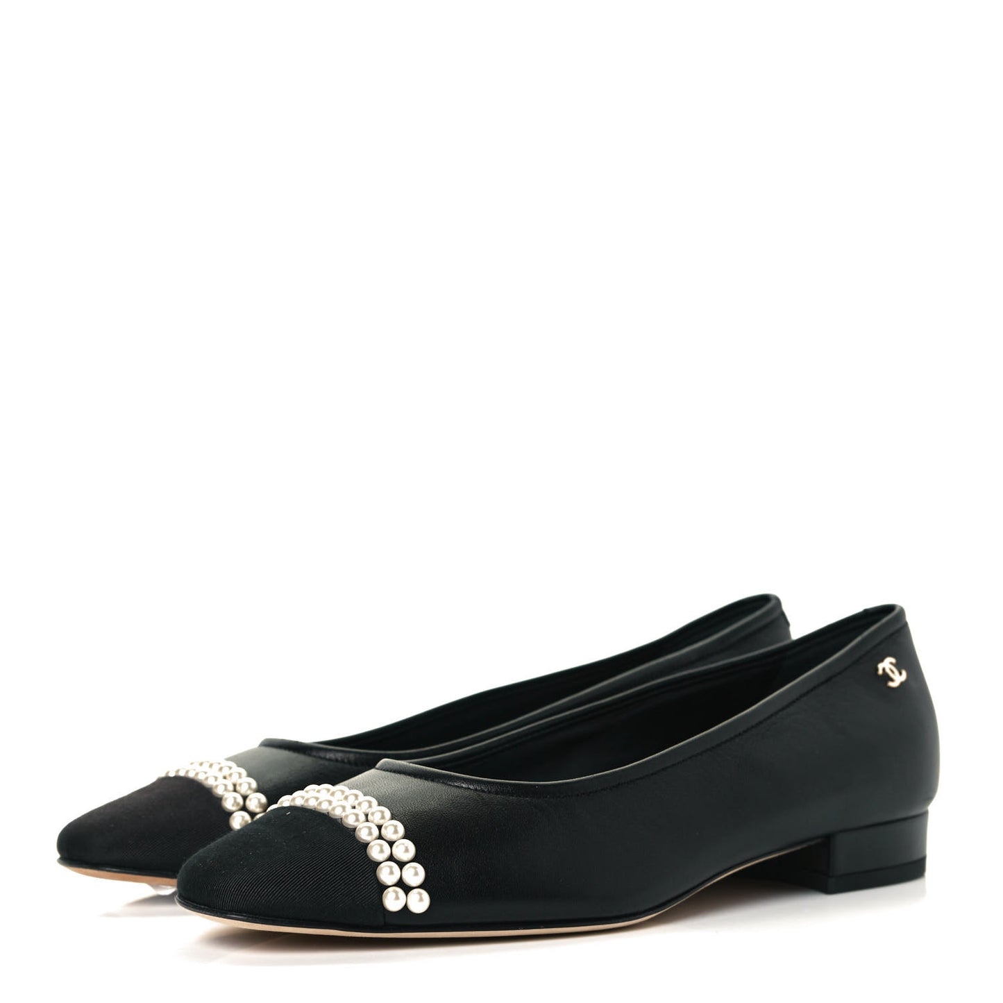Lambskin Grosgrain Pearl Cap Toe Ballerina Flats 37 Black
