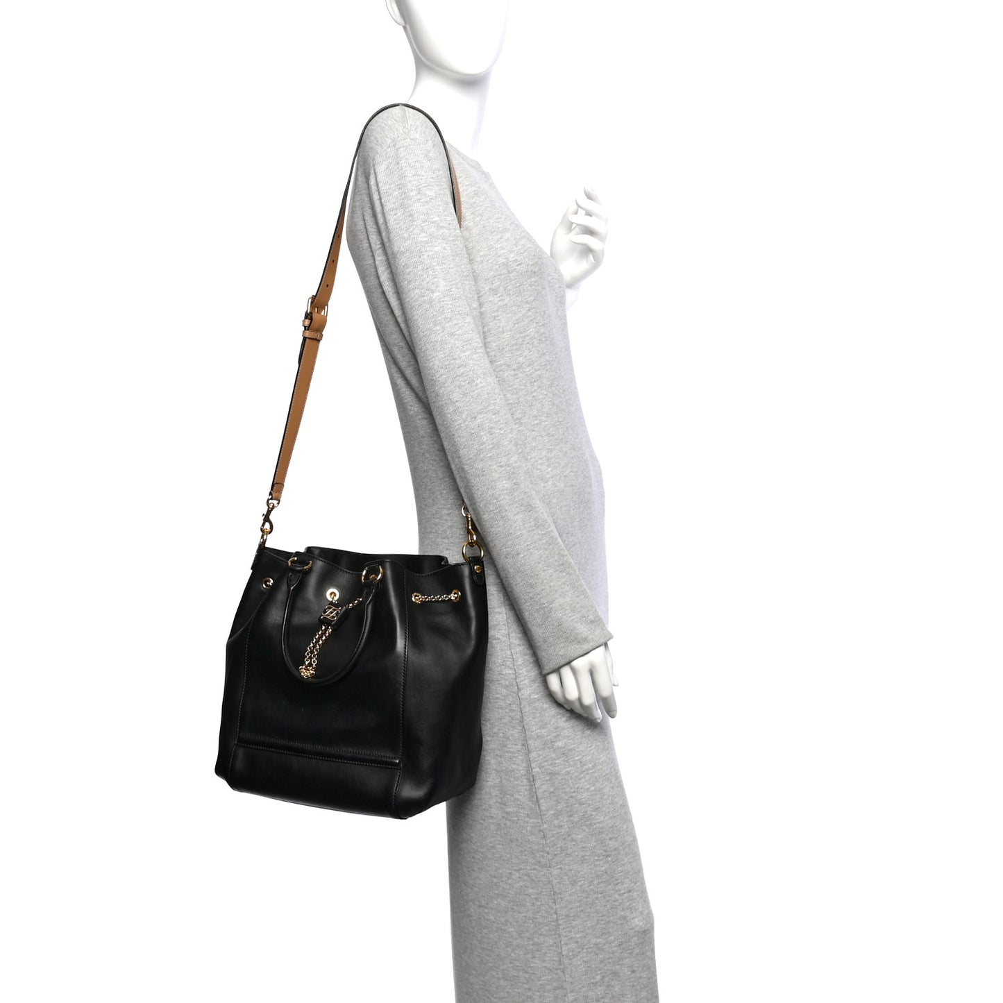 Vitello Grace King Karligraphy Chain Bucket Bag Black Bisquit