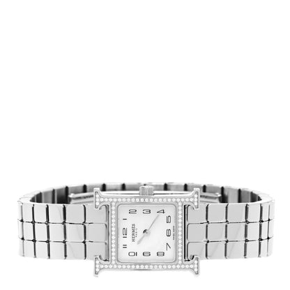 Hermes Stainless Steel Diamond Bezel Mother of Pearl 17.2mm Heure H Hour Quartz Watch 2 of 5