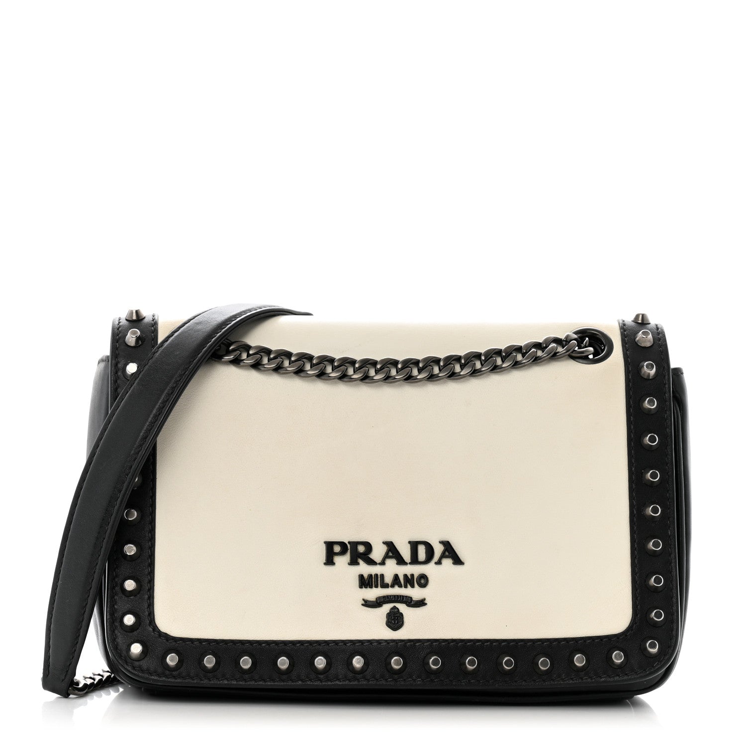 Prada Glace Calfskin Studded Crossbody White Black 1 of 13