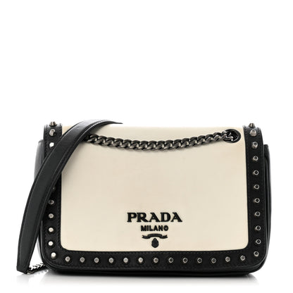 Prada Glace Calfskin Studded Crossbody White Black 1 of 13