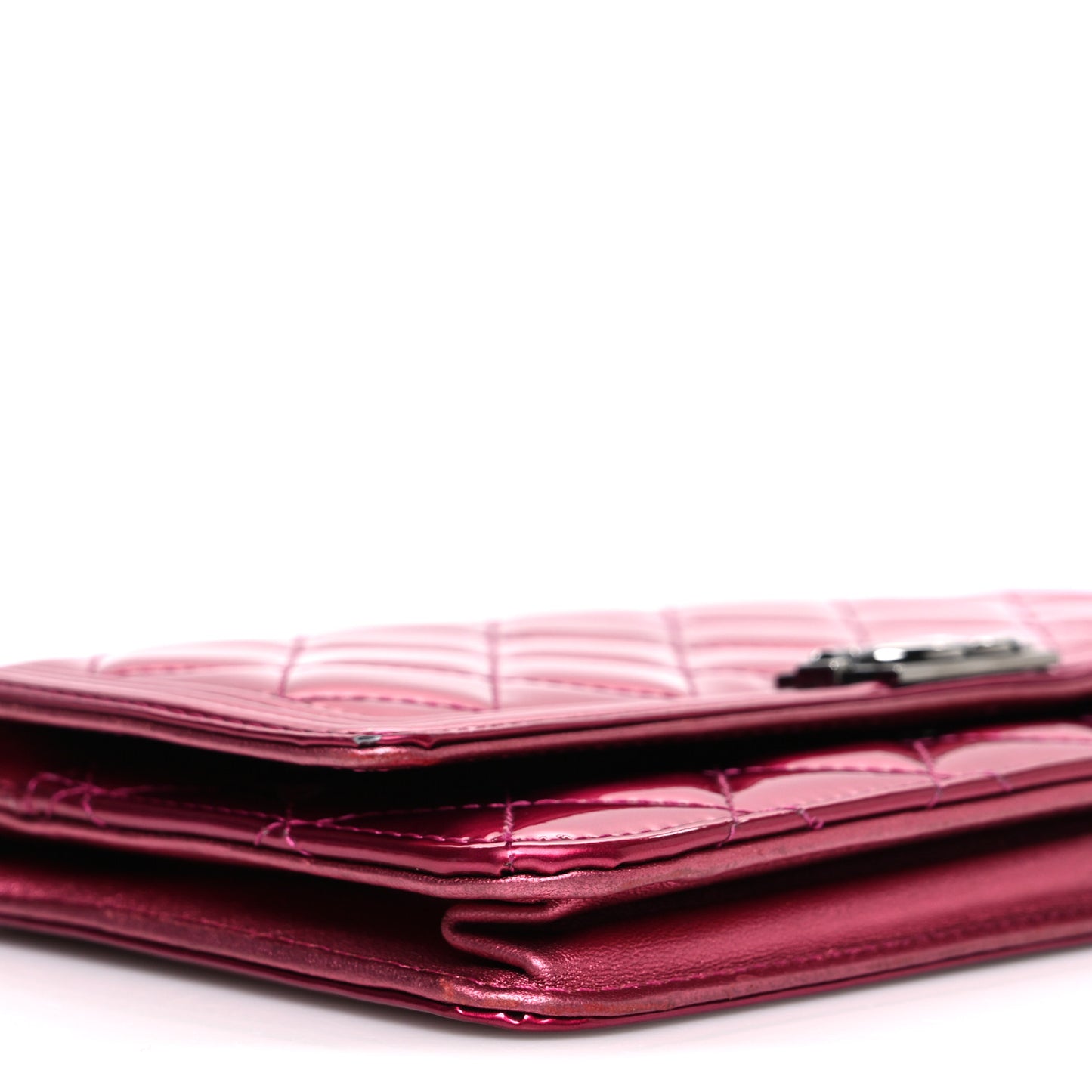 Metallic Patent Calfskin Quilted Boy Wallet On Chain WOC Fuchsia