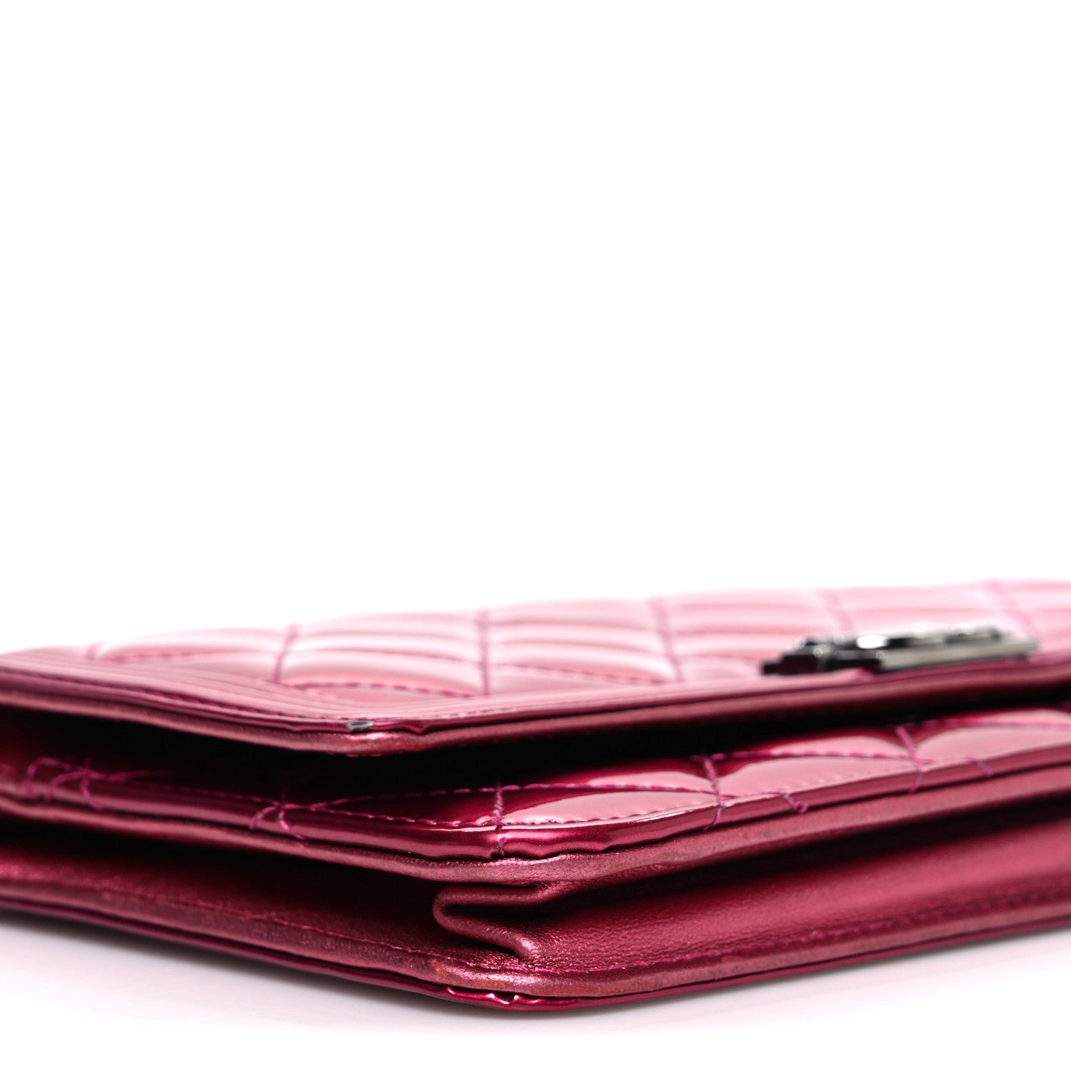 Chanel Metallic Patent Calfskin Quilted Boy Wallet On Chain WOC Fuchsia 10 of 13