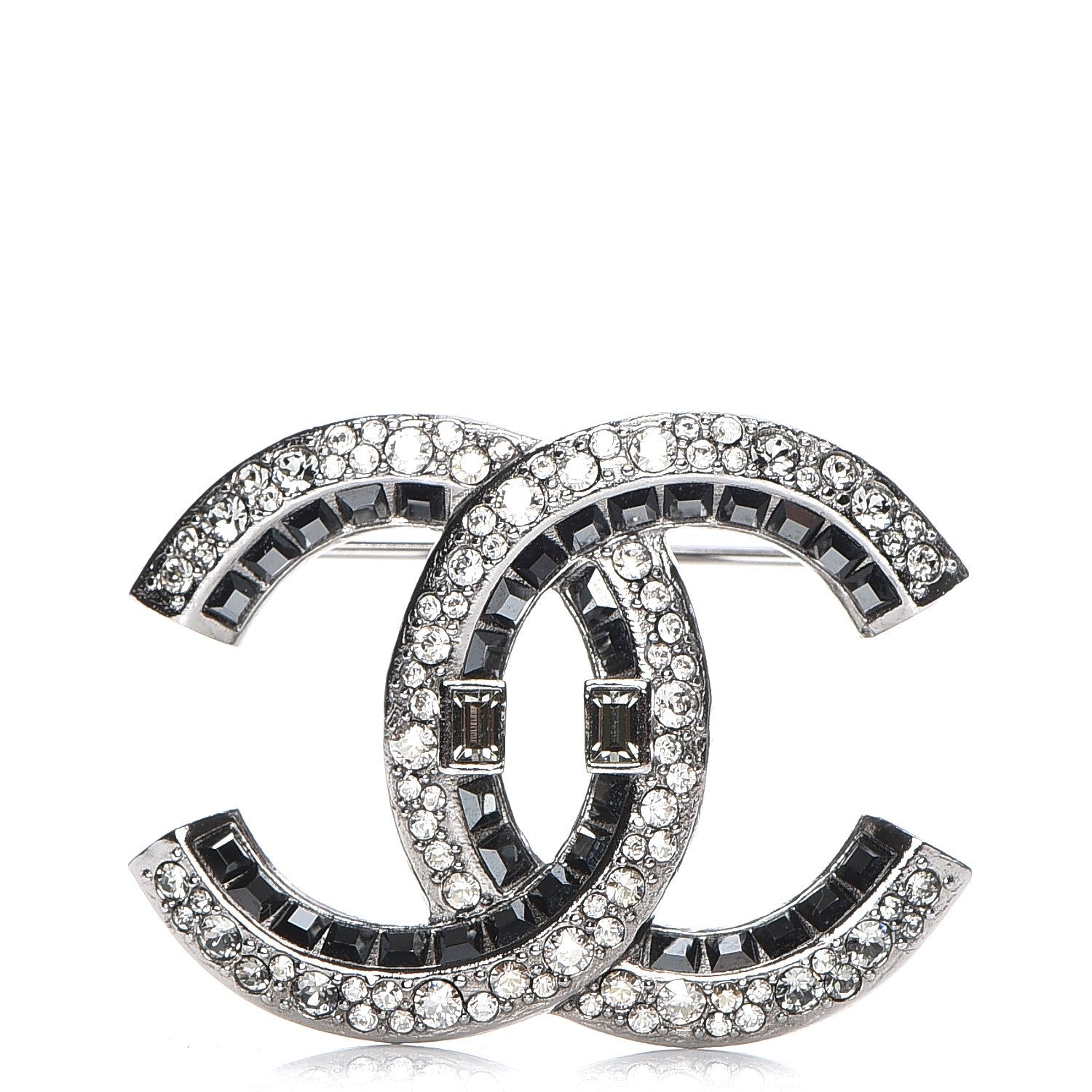 Chanel Baguette Crystal CC Brooch Silver Black 1 of 4