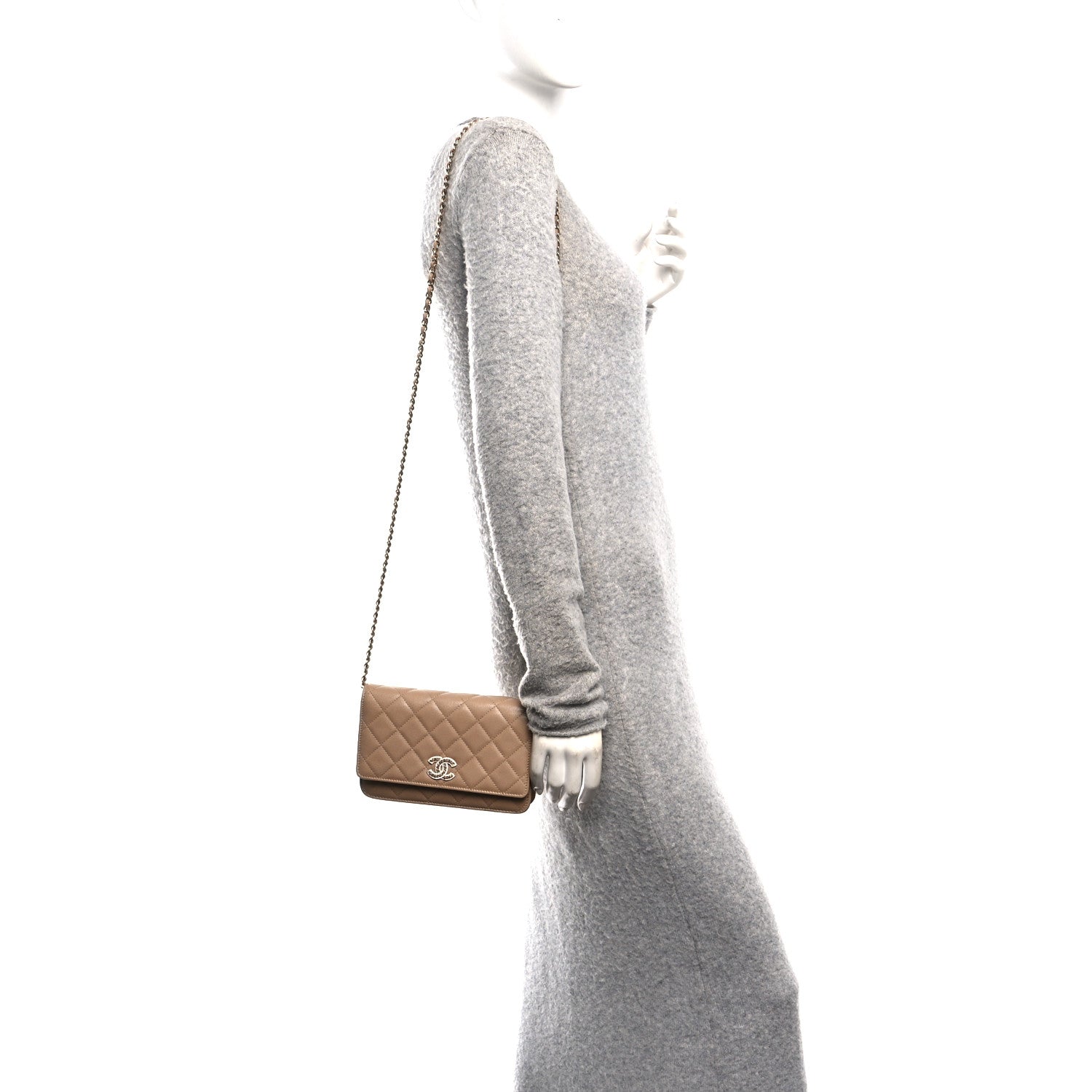 Chanel Caviar Quilted Crystal CC Wallet On Chain WOC Beige 2 of 10