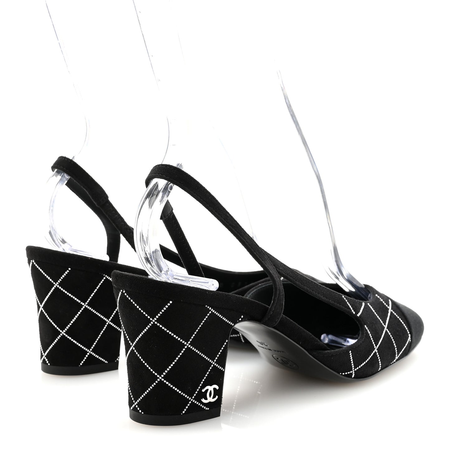 Suede Grosgrain Studded Cap Toe CC Slingback Pumps 36 Black Silver