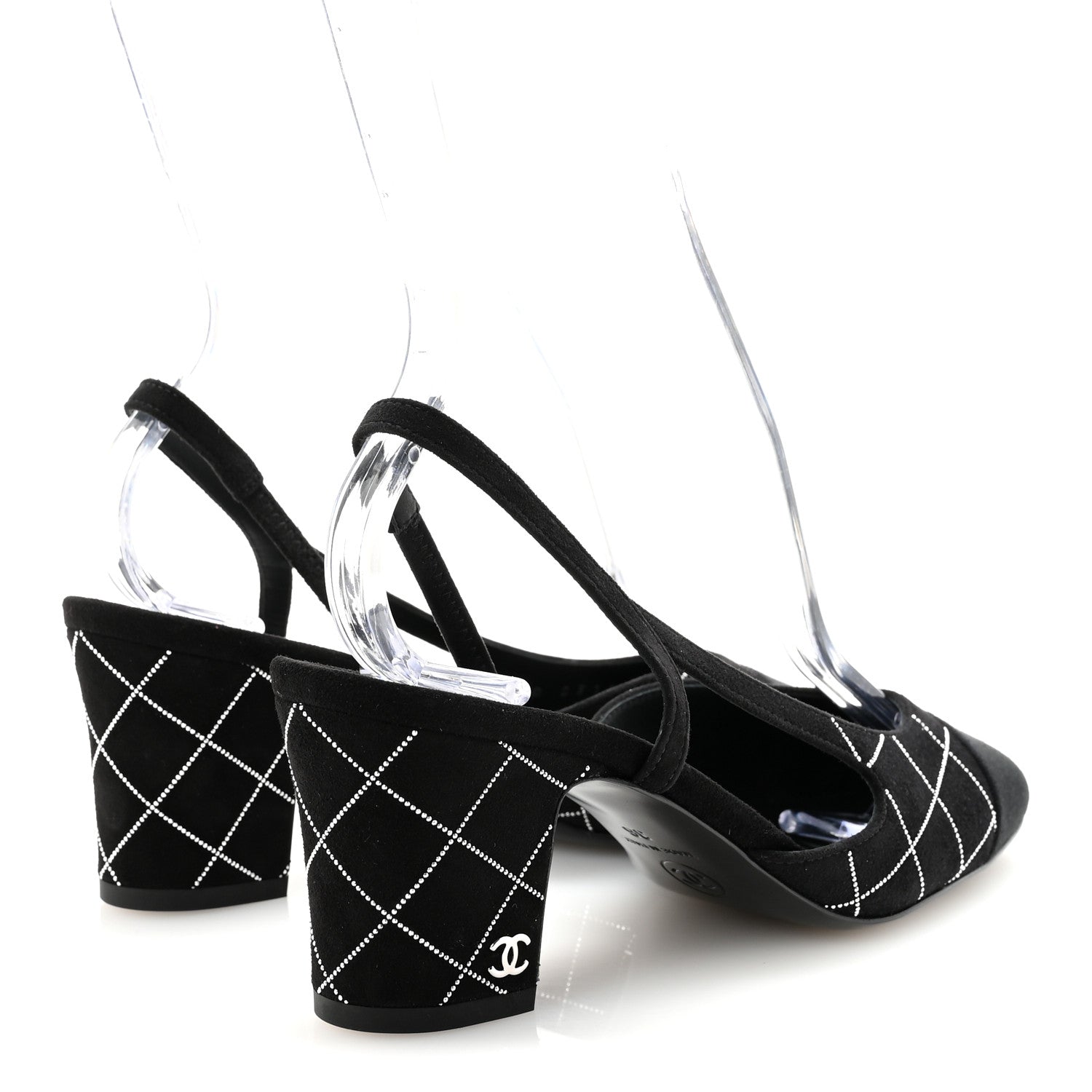 Chanel Suede Grosgrain Studded Cap Toe CC Slingback Pumps 36 Black Silver 5 of 10