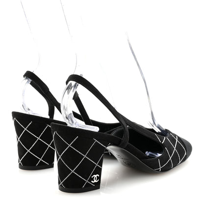 Chanel Suede Grosgrain Studded Cap Toe CC Slingback Pumps 36 Black Silver 5 of 10