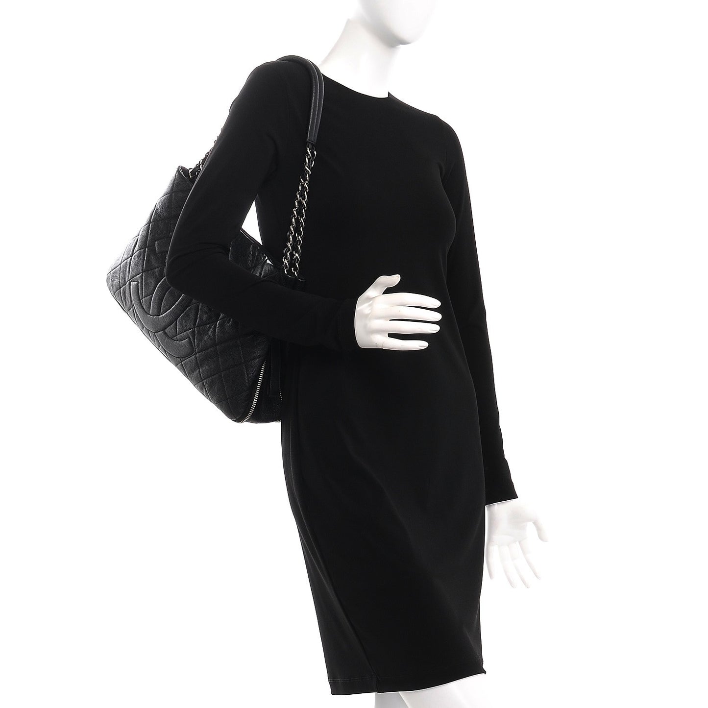 Caviar Quilted Expandable Zip Shoulder Bag Black