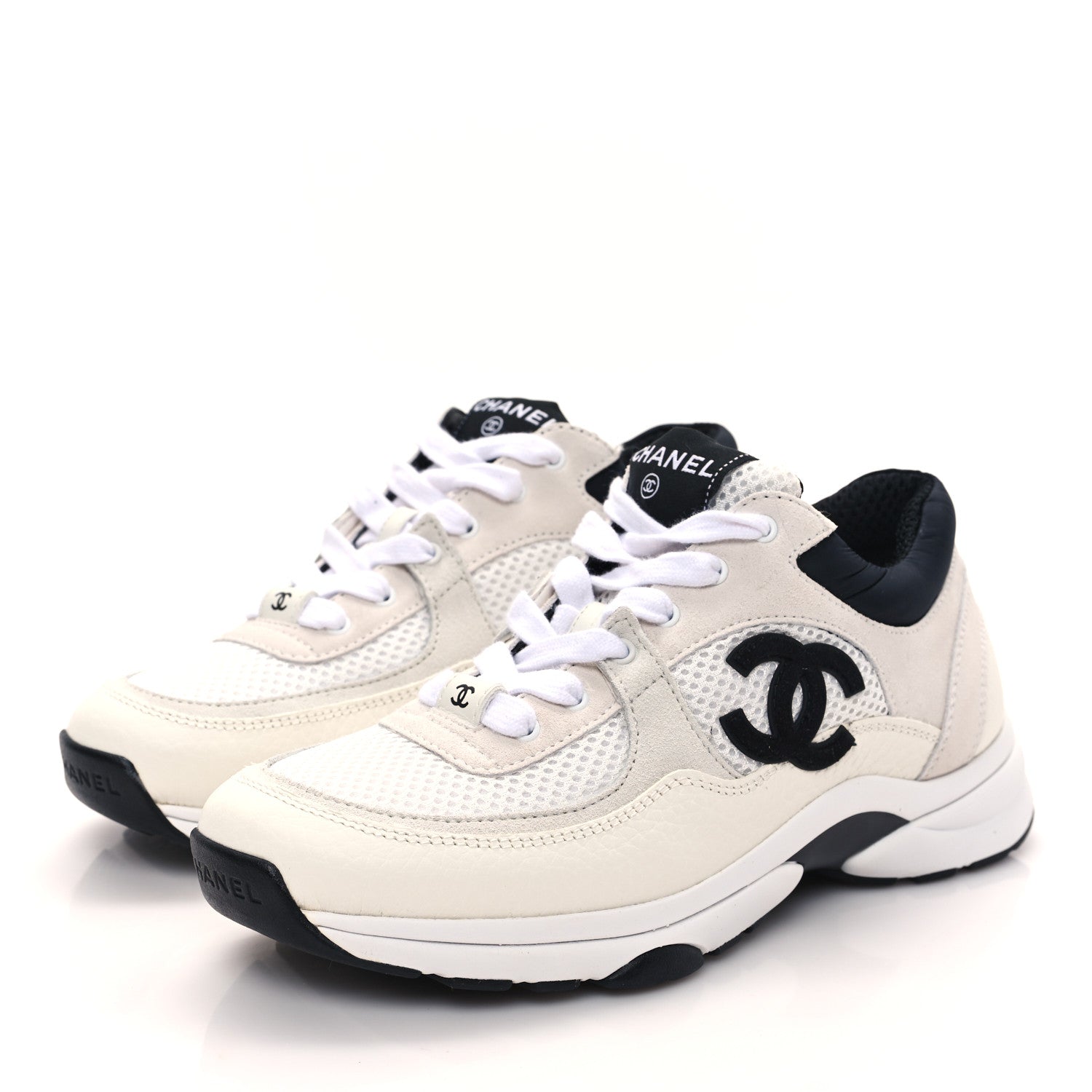 Chanel Mesh Suede Calfskin Grained Calfskin Womens CC Sneakers 37 White Black 3 of 10