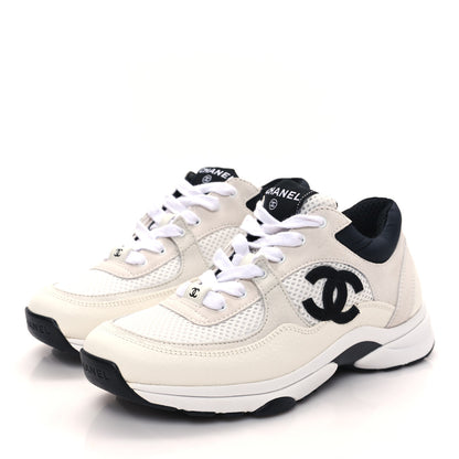 Chanel Mesh Suede Calfskin Grained Calfskin Womens CC Sneakers 37 White Black 3 of 10